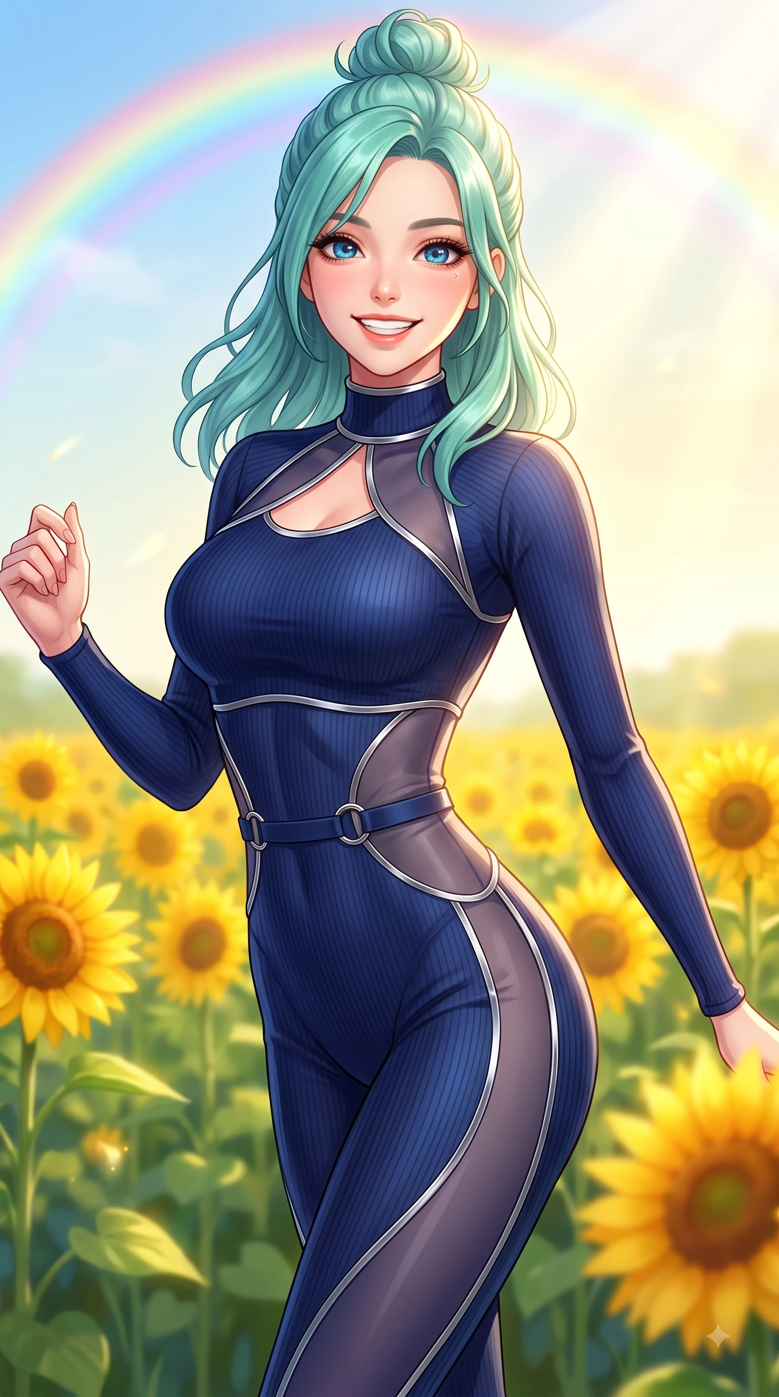 score_9, masterpiece, best quality, ultra-detailed, high-budget anime keyframe, editorial fashion photography, tasteful artistic composition, Japanese woman. close-up cowboy shot from the waist and thighs up, the character dominates the composition, filling the frame with her large presence, background elements kept in soft focus. Radiant bright smile with sparkling eyes directed right into the lens, her torso turning in a dynamic S-curve alignment while pivoting in a cheerful stride through a sunlit flower meadow with an open infectious smile, vivid golden sunflowers swaying in a gentle spring breeze under a radiant rainbow arc. She has an exceptionally elegant, slender, and willowy female figure with an ultra-slim waist, a gracefully sculpted slender torso, and a refined silhouette. sharp v-shaped jawline, high-bridge nose, intricate jewel-like eyes with depth, thick eyelashes, glossy lips with a natural sheen, flawlessly proportioned anatomical accuracy, natural body alignment, perfectly sculpted elegant limbs, clean dynamic posture without body distortion. wearing a form-fitting ribbed activewear set with elegant collar cutouts in midnight navy blue and chrome trim, woven from fine semi-opaque sheer organza, accented with delicate chrome ring hardware framing her waist, the glove-like fit emphasizing her statuesque silhouette during motion. bathed in brilliant sunny morning light and warm golden meadow sunbursts. highly saturated vibrant anime colors, detailed shading with soft gradients, rich glossy textures, high-contrast stereoscopic depth, volumetric dynamic lighting, master piece, 9:16 ratio
