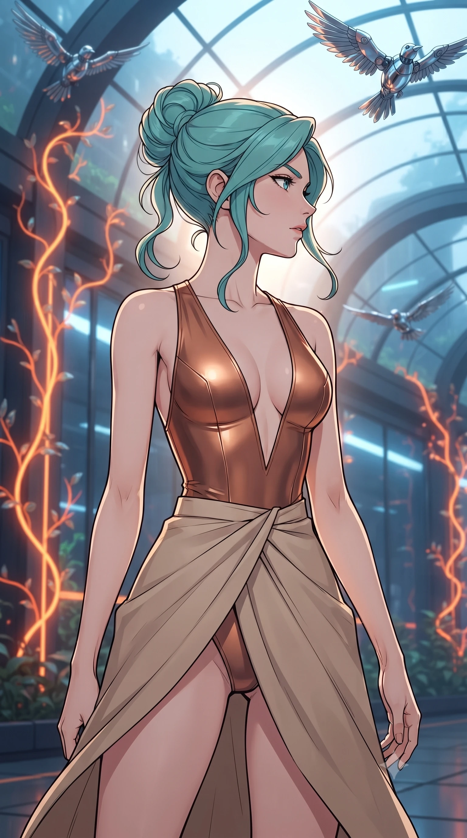 score_9, masterpiece, best quality, ultra-detailed, high-budget anime keyframe, gorgeous anime illustration, with clean line-art and distinct ink outlines, Japanese woman. close-up cowboy shot from the waist and thighs up, the character dominates the composition, filling the frame with her large presence, background elements kept in soft focus. Turning her face in sharp dramatic profile against the light. set against a soft-focus background of a massive greenhouse constructed from matte carbon-fiber arches where glowing neon orange vines climb the walls and mechanical birds made of chrome fly overhead. She has an exceptionally elegant and slender, willowy female figure with an ultra-slim waist, a gracefully sculpted slender torso, and a refined slim physique. sharp v-shaped jawline, high-bridge nose, intricate jewel-like eyes with depth, thick eyelashes, glossy lips with a natural sheen. wearing a metallic copper bodysuit with a deep V-cut front, paired with a flowing beige wrap skirt. warm neon orange light from the vines contrasting with cool blue interior lighting and chrome reflections from the birds. 2k, ultra detail, master piece, 9:16 ratio, vibrant anime color palette, detailed cel-shading with soft gradients, rich contrast, dynamic lighting, 2d animation style