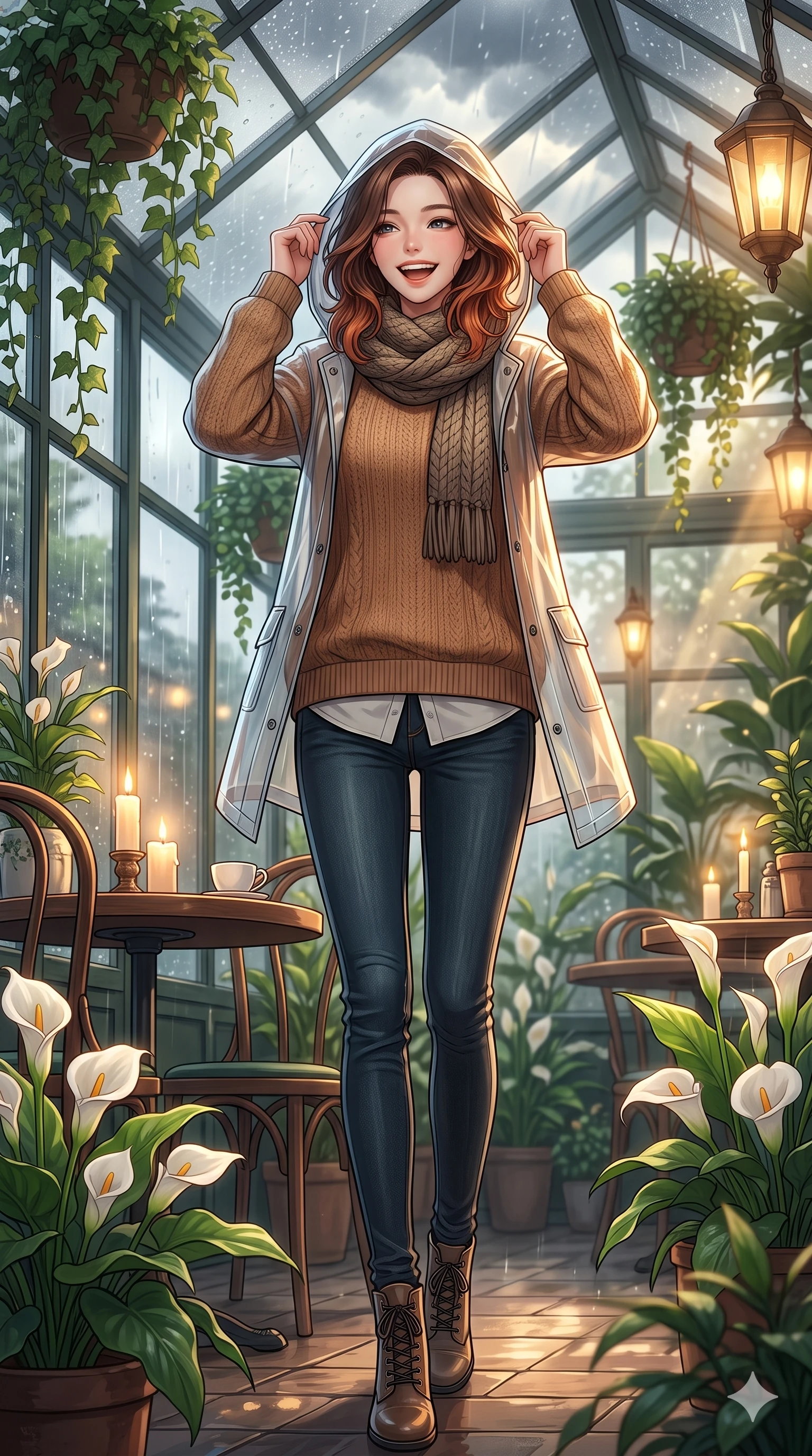 score_9, masterpiece, best quality, ultra-detailed, high-budget anime keyframe, vibrant anime aesthetic, Korean woman. low angle full-body shot from head to toe showing her feet, filling the entire 9:16 vertical frame with her statuesque presence, stretching her vertical silhouette. She is adjusting her stylish raincoat hood, laughing with a radiant face, with a warm and inviting look with a gentle tilt of her head. inside a sunlit plant conservatory filled with white calla lilies and hanging ivy, as sunbeams pierce through storm clouds (Code-P22-009). She has an absolutely perfect 8-heads proportion, an exceptionally tall and slender female figure with impossibly long slender legs and an ultra-slim waist. V-shaped jawline, high-bridge nose, intricate jewel-like eyes with depth, thick eyelashes, glossy lips with a natural sheen. wearing an oversized warm sweater over a collared shirt and skinny jeans with a knitted scarf. She is illuminated by warm candlelight and soft gaslight from a cozy greenhouse cafe, tracing the elegant lines of her shoulders in the rainy afternoon. 2k, ultra detail, master piece, 9:16 ratio