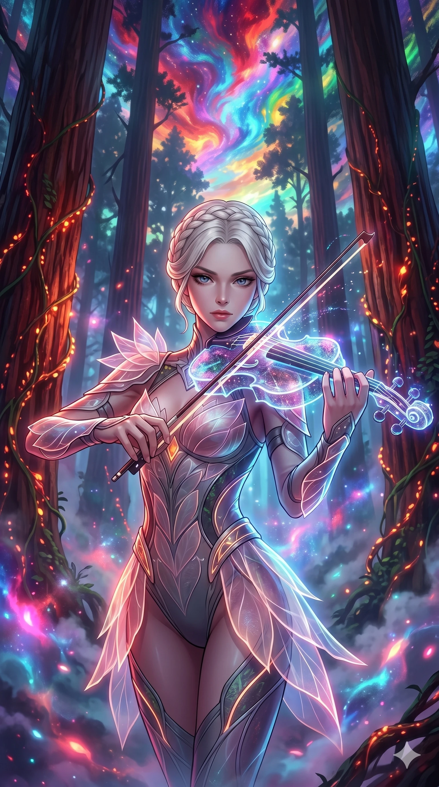 score_9, masterpiece, best quality, ultra-detailed, Set A: High-budget Anime Keyframe, Caucasian (human ears) woman. Upper body close-up from the thighs up, character filling the screen for maximum presence. Theme: Abstract Cosmic. playing a holographic violin in a giant redwood forest with glowing vines, with a look of serene power as the sky splits into 58 colors. The atmosphere is filled with heavy smog with neon flares. She has an absolutely perfect 8-heads proportion, an exceptionally tall and slender female figure with impossibly long slender legs and an ultra-slim waist. Sharp v-shaped jawline, high-bridge nose, intricate jewel-like eyes with depth, glossy lips. Wearing Bio-luminescent leaf-patterned tech-wear with transparent petal-textured overlays. Cinematic lighting, vivid colors, dramatic shadows, 2k, ultra detail, master piece, 9:16 ratio
