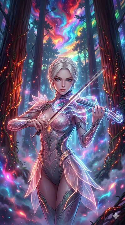 score_9, masterpiece, best quality, ultra-detailed, Set A: High-budget Anime Keyframe, Caucasian (human ears) woman. Upper body close-up from the thighs up, character filling the screen for maximum presence. Theme: Abstract Cosmic. playing a holograp