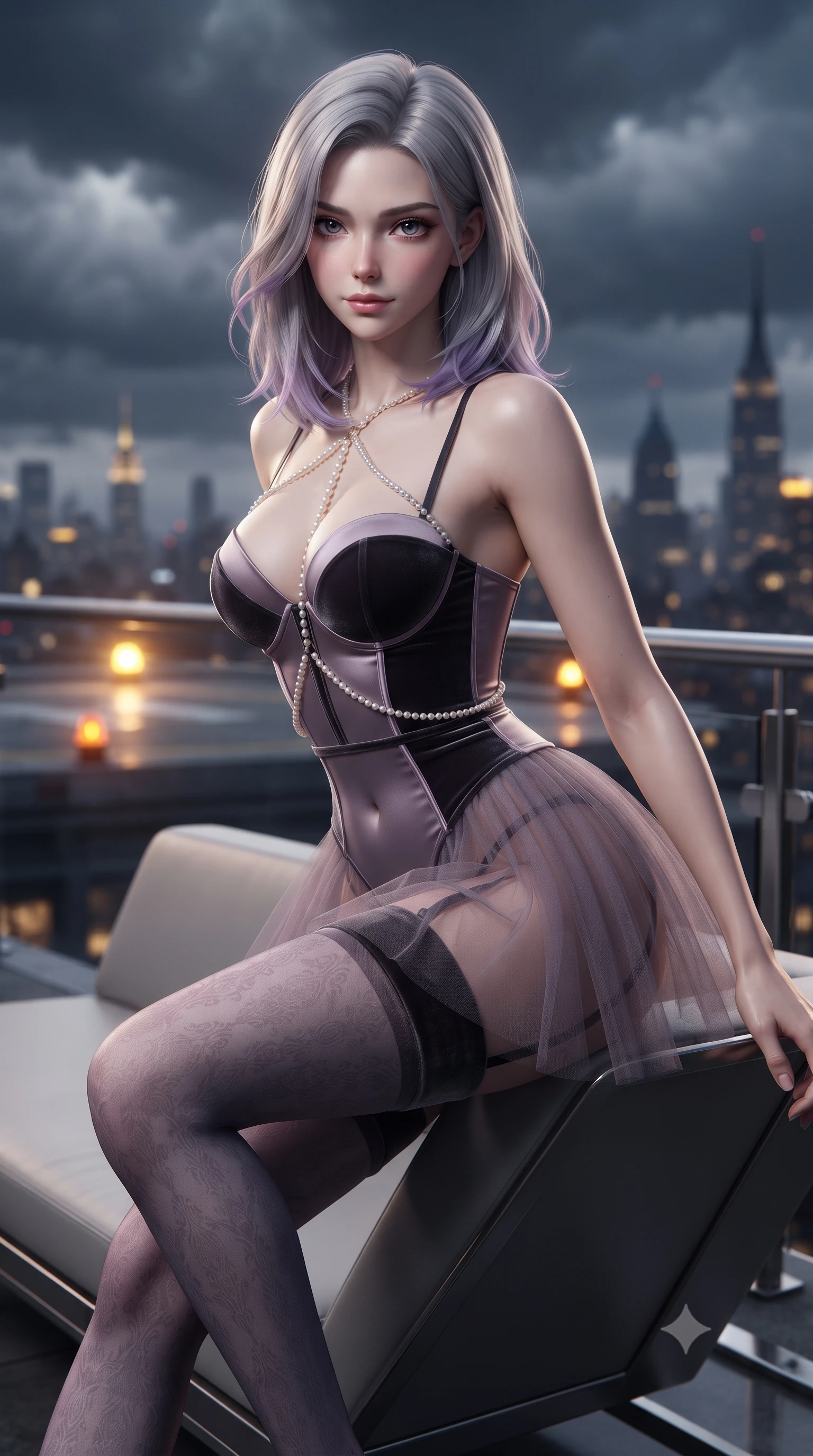 score_9, masterpiece, best quality, ultra-detailed, high-budget anime keyframe, editorial fashion photography, tasteful artistic composition, Caucasian woman. close-up cowboy shot from the waist and thighs up, the character dominates the composition, filling the frame with her large presence. perched sideways on the lounge seat, one knee drawn up to showcase her slender leg line while her arched back accentuates her feminine hip curve while leaning against the perimeter security rail with relaxed seductive grace, looking into the lens with an intoxicating bedroom-gaze. The background shows a soft-focus flashing amber helipad beacons, thunderous storm clouds, and distant skyline spires blurred into gold, cobalt, and obsidian bokeh. She has an exceptionally elegant, slender, and willowy female figure with an ultra-slim waist, flat toned midriff, narrow ribcage, and sculpted feminine hips creating an alluring, slim hourglass silhouette without bulk. sharp v-shaped jawline, high-bridge nose, sparkling eyes with hypnotic seductive depth, thick curled eyelashes, glossy parted lips with a natural dewy peach sheen, alluring bedroom-eyes with an enchanting coquettish smile, exuding magnetic siren charisma and sophisticated glamour, flawlessly proportioned anatomical accuracy, strict slender model proportions, natural body alignment, perfectly sculpted long slender limbs, ultra-slim waistline, clean dynamic posture without body distortion. wearing a plunging sweetheart-neckline boned satin ballet bustier paired with an ultra-short sheer tulle micro-tutu and silk stockings in dusky lavender mist and dark charcoal velvet, crafted from second-skin technical compression fabric with moisture-wicking stretch, accented with a pearl-drop body harness subtly framing her dewy collarbones and spine, the form-contouring silhouette accentuating her sculpted flat midriff, narrow delicate ribcage, and gracefully curvy hips with intoxicating allure. illuminated by puddle specular bounce and sharp platinum rim lights sculpting her jawline, flat midriff, and curvaceous hips. ultra-reflective glossy finish, specular highlights, rich textural contrasts, high-contrast stereoscopic depth, volumetric dynamic lighting, 2k, ultra detail, master piece, 9:16 ratio
