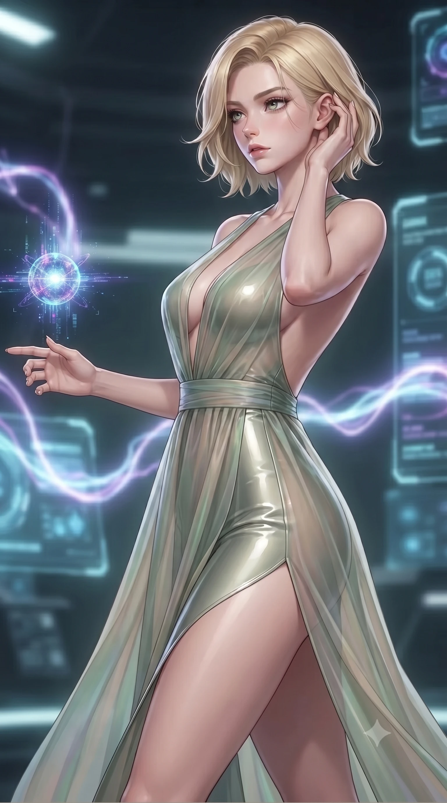 score_9, masterpiece, best quality, ultra-detailed, high-budget anime keyframe, editorial fashion photography, tasteful artistic composition, Caucasian woman. close-up cowboy shot from the waist and thighs up, the character dominates the composition, filling the frame with her large presence, background elements kept in soft focus. Resting her fingers gracefully near her temple, casting a sharp mysterious side-gaze during her stride while reaching forward with an elegant arm stretch to intercept a pulsating data node, glowing plasma arcs pulsating rhythmically in the background atmosphere. She has an exceptionally elegant, slender, and willowy female figure with an ultra-slim waist, a gracefully sculpted slender torso, and a refined silhouette. sharp v-shaped jawline, high-bridge nose, intricate jewel-like eyes with depth, thick eyelashes, glossy lips with a natural sheen, flawlessly proportioned anatomical accuracy, natural body alignment, perfectly sculpted elegant limbs, clean dynamic posture without body distortion. wearing a translucent iridescent chiffon gown with a plunging neckline and open back in sage green and oatmeal, tailored from high-gloss patent leather, finished with a sleek side slit ascending to mid-thigh, the tailored fabric tightly following every curve of her athletic build. surrounded by a crisp high-tech illumination with high specular contrast. ultra-reflective glossy finish, specular highlights, metallic sheen, high-contrast stereoscopic depth, volumetric dynamic lighting, 2k, ultra detail, master piece, 9:16 ratio