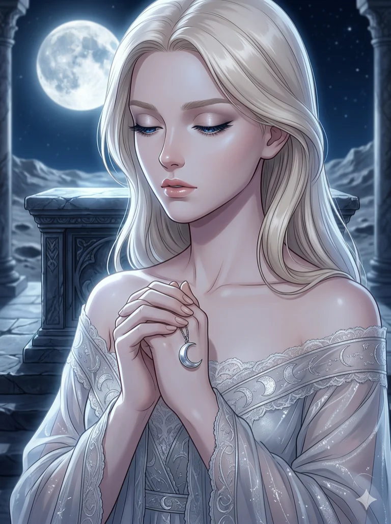 score_9, masterpiece, best quality, ultra-detailed, highend animation keyframe, an incredibly beautiful ethereal Caucasian woman with flawless pale skin (strictly human ears). Close-up portrait filling more than half of the frame. She is a moon priestess praying at a lunar altar, her skin reflecting the silver glow of the moon. She has an absolutely perfect petite and compact proportion, a petite female figure with a delicate skinny figure. Her face is a highly detailed masterpiece featuring a v-shaped jawline, high-bridge nose, intricate sapphire-like eyes, thick eyelashes, and glossy lips. She has platinum blonde flowing hair. She is wearing an off-shoulder sheer fabric robe, highlighting her alluring silhouette. Soft moonlight and cratered landscape, dramatic rim lighting, radiant glowing skin, cinematic dynamic light, 2k, ultra detail, master piece, 3:4 ratio