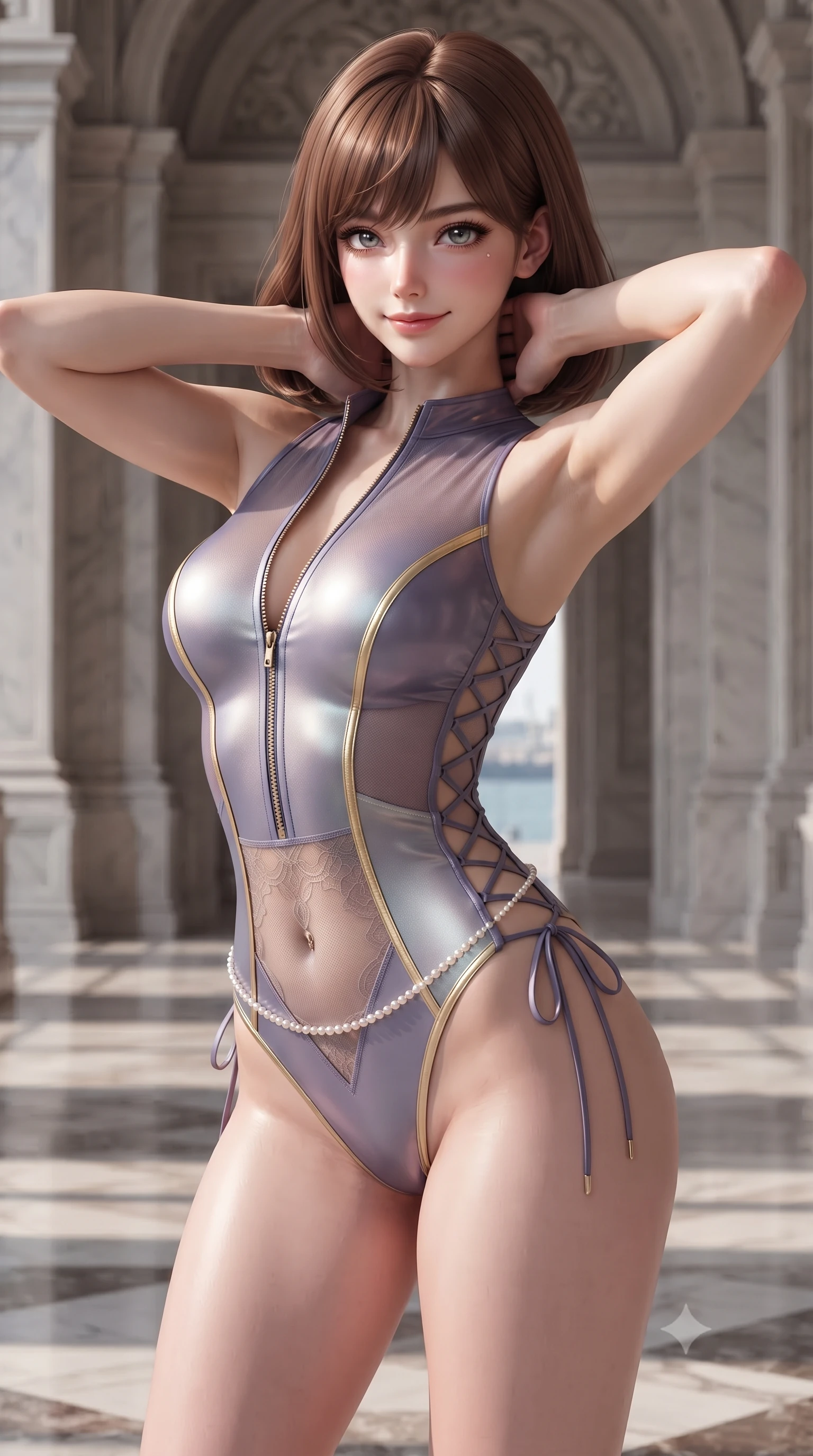 score_9, masterpiece, best quality, ultra-detailed, high-budget anime keyframe, editorial fashion photography, tasteful artistic composition, Caucasian woman. close-up cowboy shot from the waist and thighs up, the character dominates the composition, filling the frame with her large presence. resting both hands lightly behind her neck with elbows raised, arching her spine to highlight her narrow waist, flat midriff, and breathtaking collarbones while twisting her slender torso in an alluring S-curve, soft conservatory downlights and harbor reflections tracing her flat midriff and hips. The surrounding environment is rendered in vivid detail and crisp panoramic clarity: detailed sheer illusion lace bodysuit cling, pearl waist chain shine, and classical architectural craftsmanship in high resolution. She has an exceptionally elegant, slender, and willowy female figure with an ultra-slim waist, flat toned midriff, narrow ribcage, and sculpted feminine hips creating an alluring, slim hourglass silhouette without bulk. sharp v-shaped jawline, high-bridge nose, sparkling eyes with hypnotic seductive depth, thick curled eyelashes, glossy parted lips with a natural dewy peach sheen, alluring bedroom-eyes with an enchanting coquettish smile, exuding magnetic siren charisma and sophisticated glamour, flawlessly proportioned anatomical accuracy, strict slender model proportions, natural body alignment, perfectly sculpted long slender limbs, ultra-slim waistline, clean dynamic posture without body distortion. wearing a form-contouring wet-look neoprene zip-front maillot with high-cut leg openings and gold racing side trims in dusk lavender and iridescent silver, made of semi-opaque stretch illusion mesh with soft shadowy contours, featuring fine criss-cross lace-up side ties revealing tantalizing glimpses of her hip curve, the form-contouring silhouette accentuating her sculpted flat midriff, narrow delicate ribcage, and gracefully curvy hips with intoxicating allure. illuminated by polished marble floor specular bounce and sharp platinum rim lights sculpting her razor-sharp jawline, narrow waist, and curvy hips. ultra-reflective glossy finish, specular highlights, rich textural contrasts, high-contrast stereoscopic depth, volumetric dynamic lighting, 2k, ultra detail, master piece, 9:16 ratio