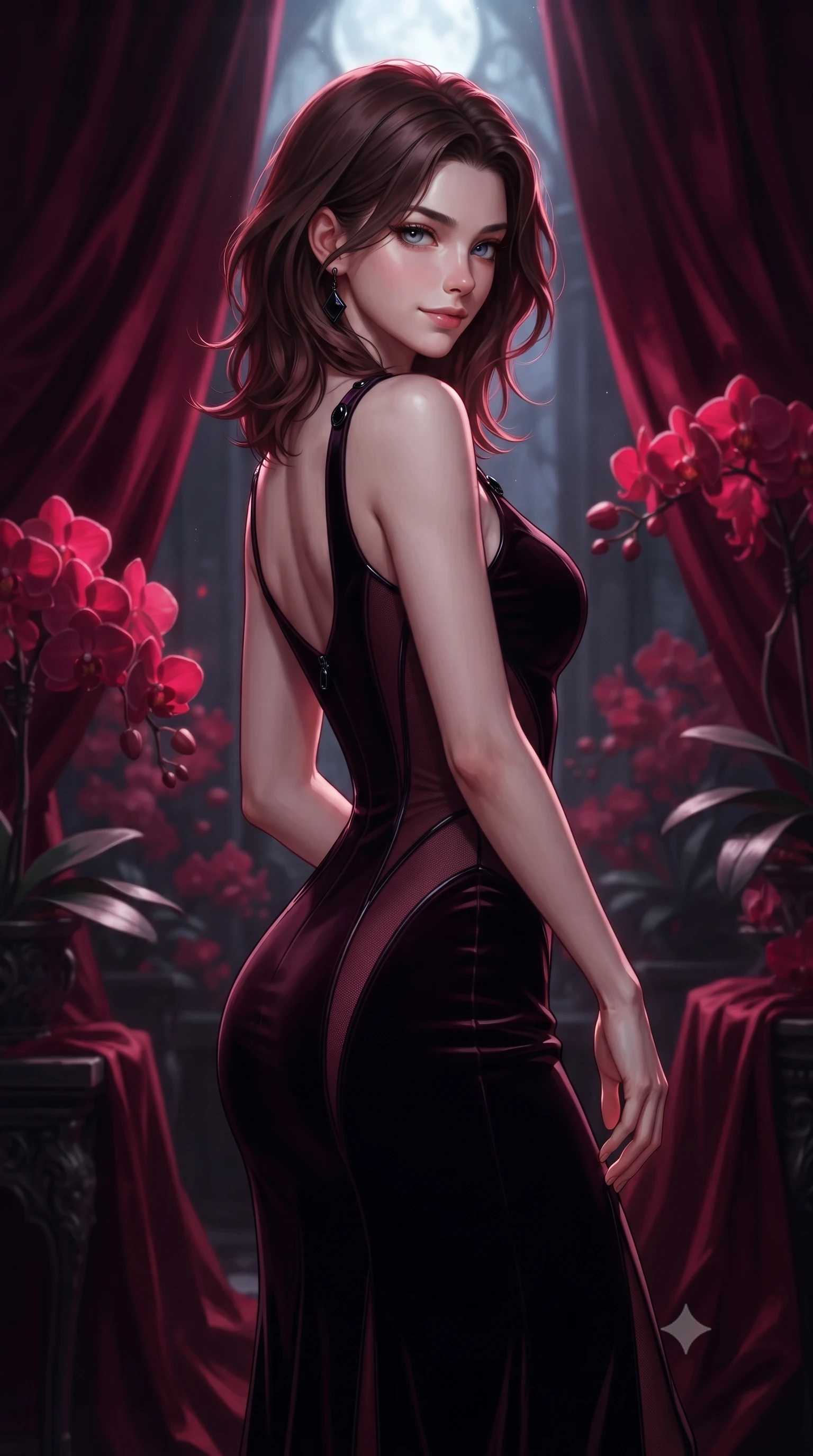 score_9, masterpiece, best quality, ultra-detailed, high-budget anime keyframe, editorial fashion photography, tasteful artistic composition, Korean woman. close-up cowboy shot from the waist and thighs up, the character dominates the composition, filling the frame with her large presence, background elements kept in soft focus. Glancing sidelong over her shoulder with a smoldering, enigmatic half-smile, standing in a secluded gothic conservatory filled with blooming red night orchids, dramatic crimson silk drapery absorbing surrounding light into rich burgundy shadows. She has an exceptionally elegant, slender, and willowy female figure with an ultra-slim waist, a gracefully sculpted slender torso, and a refined silhouette. sharp v-shaped jawline, high-bridge nose, intricate jewel-like eyes with depth, thick eyelashes, glossy lips with a natural sheen. wearing sculpted form-fitting dark velvet column gown in pitch black in deep crimson burgundy, made of fine dark contouring mesh, adorned with minimalist black onyx hardware framing the silhouette, the fitted fabric emphasizing her ultra-slim waist. illuminated by eerie ruby orchid glow and cold silver moonlight from above. ultra-reflective glossy finish, specular highlights, metallic sheen, high-contrast stereoscopic depth, volumetric dynamic lighting, 2k, ultra detail, master piece, 9:16 ratio