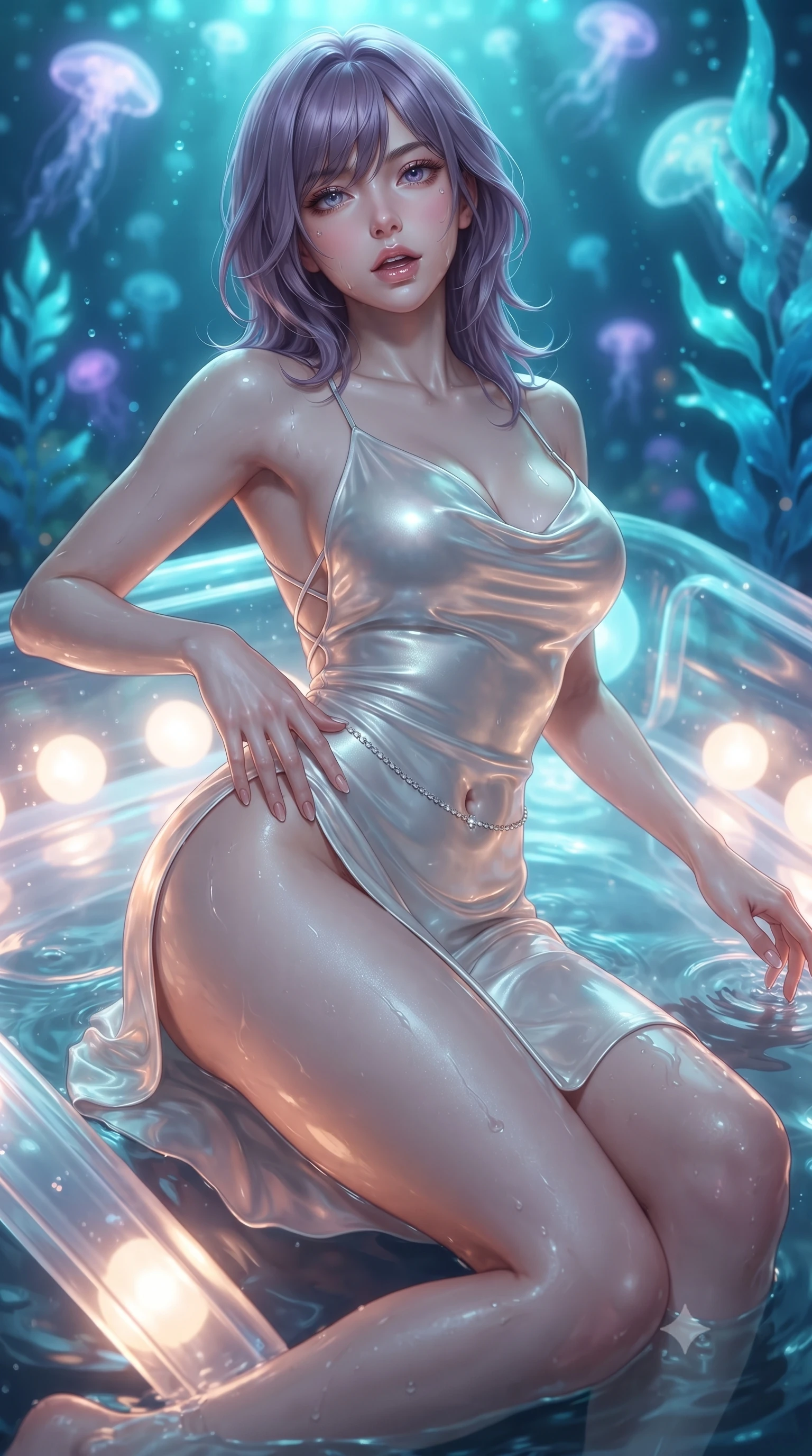 score_9, masterpiece, best quality, ultra-detailed, high-budget anime keyframe, editorial fashion photography, tasteful artistic composition, Japanese woman. close-up cowboy shot from the waist and thighs up, the character dominates the composition, filling the frame with her large presence. resting one manicured hand delicately on her hip bone, her upper body turning in a fluid, seductive S-curve while parted lips glisten in the light while reclining languidly on a floating aquatic daybed with one knee bent, water ripples and bioluminescent jellyfish lights tracing her curvy hips. The composition keeps background elements in soft focus with creamy bokeh. bioluminescent deep-sea jellyfish and glowing blue sea kelp blurred into ethereal turquoise, violet, and aquatic-gold bokeh. She has an exceptionally elegant, slender, and willowy female figure with an ultra-slim waist, flat toned midriff, narrow ribcage, and sculpted feminine hips creating an alluring, slim hourglass silhouette without bulk. sharp v-shaped jawline, high-bridge nose, intricate jewel-like eyes with depth, thick eyelashes, glossy parted lips with a natural sheen, intensely captivating and seductive bedroom-eyes expression, flawlessly proportioned anatomical accuracy, strict slender model proportions, natural body alignment, perfectly sculpted long slender limbs, ultra-slim waistline, clean dynamic posture without body distortion. wearing a backless cowl-neck satin slip dress featuring high-cut side hip slits and delicate criss-cross back straps in shimmering silver mercury and pearl white, tailored from second-skin aerodynamic stretch vinyl with specular wet sheen, accented with a dainty diamond waist chain catching the ambient light reflections, the second-skin form-contouring cut accentuating her sculpted flat midriff, narrow delicate ribcage, and gracefully curvy hips with supermodel precision. bathed in cool aquatic turquoise bioluminescent downlights and warm floor-level amber uplights. ultra-reflective glossy finish, specular highlights, rich textural contrasts, high-contrast stereoscopic depth, volumetric dynamic lighting, 2k, ultra detail, master piece, 9:16 ratio
