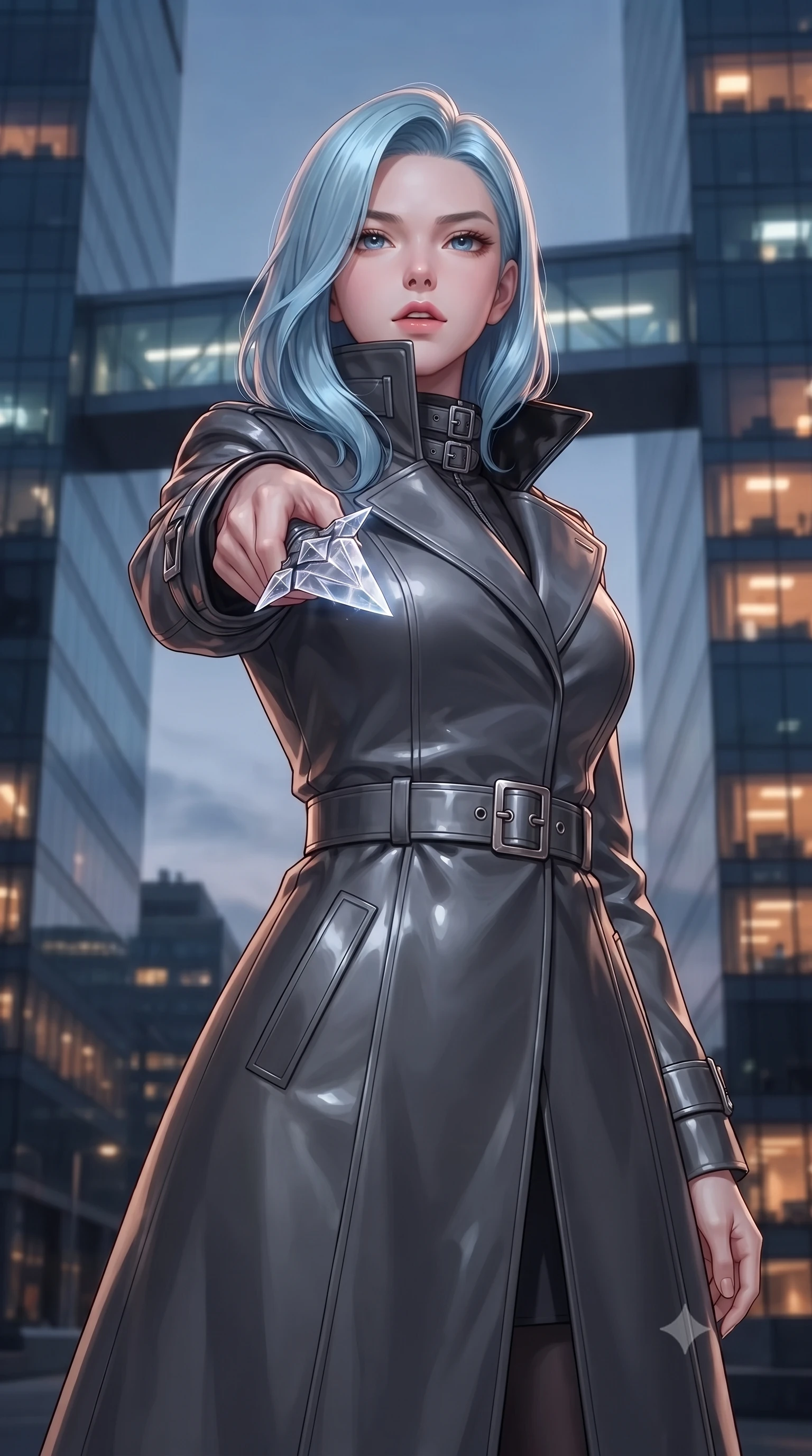 score_9, masterpiece, best quality, ultra-detailed, high-budget anime keyframe, editorial fashion photography, tasteful artistic composition, Korean woman. close-up cowboy shot from the waist and thighs up, the character dominates the composition, filling the frame with her large presence, background elements kept in soft focus. pointing a crystal-edged laser dagger forward in a defensive stance, tilting her chin up slightly with lips parted in a composed pose, the background shows a soft-focus a futuristic skybridge connecting two massive glass skyscrapers at dusk. She has an exceptionally elegant, slender, and willowy female figure with an ultra-slim waist, a gracefully sculpted slender torso, and a refined silhouette. sharp v-shaped jawline, high-bridge nose, intricate jewel-like eyes with depth, thick eyelashes, glossy lips with a natural sheen. wearing a slim-fit tailored future military trench coat in charcoal grey, worn closed with heavy metallic buckles and high-collar lining. cool twilight key light contrasting with the warm amber glow of internal office windows. ultra-reflective glossy finish, specular highlights, metallic sheen, high-contrast stereoscopic depth, volumetric dynamic lighting, 2k, ultra detail, master piece, 9:16 ratio