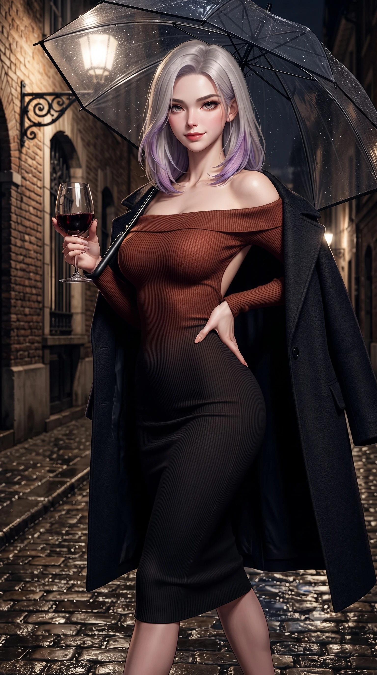 score_9, masterpiece, best quality, ultra-detailed, high-budget anime keyframe, editorial fashion photography, tasteful artistic composition, Caucasian woman. close-up cowboy shot from the waist and thighs up, the character dominates the composition, filling the frame with her large presence. twisting her slender torso in an alluring contrapposto stance, one hand resting on her sculpted hip while holding a crystal glass with effortless poise while striding down the wet cobblestone street beneath a transparent black vinyl umbrella, hips swaying in an alluring kinetic rhythm that accentuates her curvaceous hourglass silhouette. The surrounding environment is rendered in vivid detail and crisp panoramic clarity. sharp wet cobblestone specular highlights, weathered brick masonry texture, and wrought-iron lamp scrollwork in deep focus. She has an exceptionally elegant, slender, and willowy female figure with an ultra-slim waist, flat toned midriff, narrow ribcage, and sculpted feminine hips creating an alluring, slim hourglass silhouette without bulk. sharp v-shaped jawline, high-bridge nose, intricate jewel-like dark sparkling eyes with dangerous depth, thick curled eyelashes, glossy parted lips with a rich wine sheen, smoldering seductive half-smile with bedroom-eyes, exuding effortless superiority and intoxicating dark allure, flawlessly proportioned anatomical accuracy, strict slender model proportions, natural body alignment, perfectly sculpted long slender limbs, ultra-slim waistline, clean dynamic posture without body distortion. wearing a form-contouring off-shoulder ribbed cashmere bodycon midi dress with a low-back scoop in dark burnt copper and matte black, made of liquid-tight stretch jersey emphasizing every curve of her body, complemented by an oversized dark cashmere coat draped casually over one shoulder, the form-fitting cut adhering flawlessly to her sculpted flat midriff and slender torso, emphasizing her long leg lines and perfectly proportioned willowy build. illuminated by wet pavement mirror reflections and sharp golden street rim lights sharply carving her slim torso, narrow waist, and curvy hips. ultra-reflective glossy finish, specular highlights, rich textural contrasts, high-contrast stereoscopic depth, volumetric dynamic lighting, 2k, ultra detail, master piece, 9:16 ratio