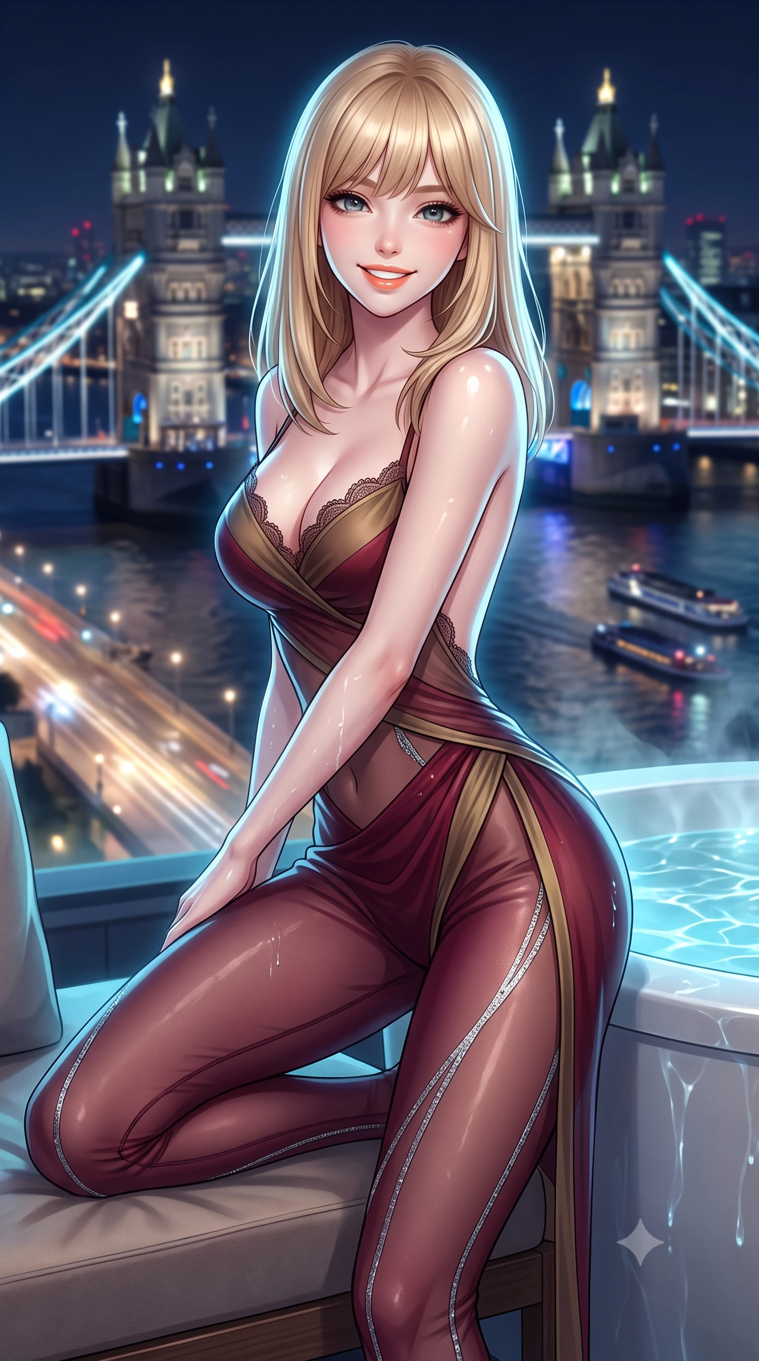 score_9, masterpiece, best quality, ultra-detailed, high-budget anime keyframe, semi-realistic 3D game render, editorial fashion photography, tasteful artistic composition, Japanese woman. close-up cowboy shot from the waist and thighs up, the character dominates the composition, filling the frame with her large presence. perched sideways on the lounge seat, one knee drawn up to showcase her slender leg line while her arched back accentuates her feminine hip curve while twisting her slender torso in an alluring contrapposto stance, shimmering city highway lights and thermal bath vapor caressing her flat midriff. The background shows a soft-focus illuminated twin gothic towers of Tower Bridge, winding black ribbon of River Thames with riverboat lights, and endless London skyline blurred into sapphire, gold, and ruby bokeh. She has an exceptionally elegant, slender, and willowy female figure with an ultra-slim waist, flat toned midriff, narrow ribcage, and sculpted feminine hips creating an alluring, slim hourglass silhouette without bulk. sharp v-shaped jawline, high-bridge nose, intricate jewel-like sparkling eyes with depth, thick eyelashes, glossy parted lips with a natural peach sheen, bright cheerful beaming smile with an enchanting and coquettish sensual glint, exuding both youthful cute charm and seductive allure, flawlessly proportioned anatomical accuracy, strict slender model proportions, natural body alignment, perfectly sculpted long slender limbs, ultra-slim waistline, clean dynamic posture without body distortion. wearing a backless sheer illusion mesh catsuit with strategic crystalline silver flocking tracing her long slender leg lines in French boudoir bordeaux wine and antique brass, made of fluid liquid jersey with seamless sculpting hold and smooth contours, finished with scalloped eyelash lace trim framing her sweetheart neckline with intimate elegance, the high-slit wrap tailoring accentuating her ultra-slim waistline and the enchanting curve of her feminine hips with alluring seductive charm. illuminated by tub water caustics bounce and sharp platinum-cyan rim lights sculpting her razor-sharp jawline, narrow waist, and curvy hips. highly saturated vibrant anime colors, detailed shading with soft gradients, rich glossy textures, high-contrast stereoscopic depth, volumetric dynamic lighting, master piece, 9:16 ratio