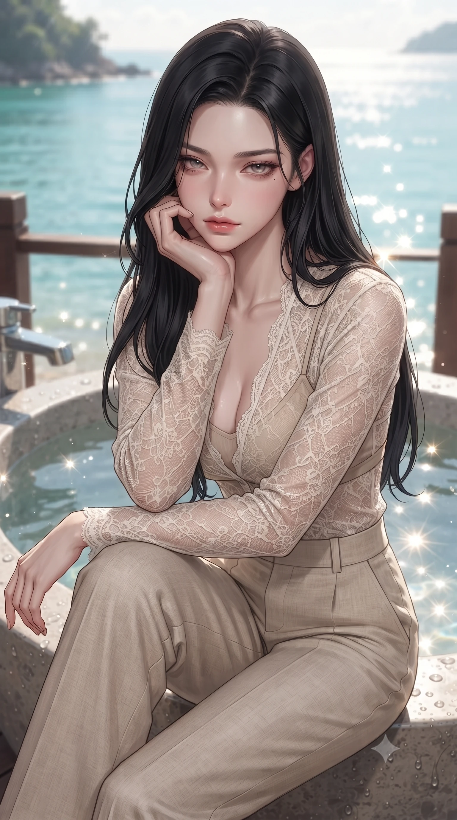 score_9, masterpiece, best quality, ultra-detailed, high-budget anime keyframe, editorial fashion photography, tasteful artistic composition, Korean woman woman. close-up cowboy shot from the waist and thighs up, the character dominates the composition, filling the frame with her large presence, background elements kept in soft focus. resting her chin on the backs of her fingers, casting a heavy-lidded, sultry look past the camera the background shows a soft-focus a stone bath tub on a private deck overlooking a quiet bay with turquoise water. She has an exceptionally elegant, slender, and willowy female figure with an ultra-slim waist, a gracefully sculpted slender torso, and a refined silhouette. sharp v-shaped jawline, high-bridge nose, intricate jewel-like eyes with depth, thick eyelashes, glossy lips with a natural sheen. wearing a form-contouring sheer lace blouse in ivory white, worn over a simple beige bralette and high-waisted linen trousers. bright morning sun rays creating sparkling glints on the sea and water tub. ultra-reflective glossy finish, specular highlights, metallic sheen, high-contrast stereoscopic depth, volumetric dynamic lighting, 2k, ultra detail, master piece, 9:16 ratio