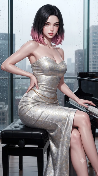 score_9, masterpiece, best quality, ultra-detailed, high-budget anime keyframe, editorial fashion photography, tasteful artistic composition, Korean woman. close-up cowboy shot from the waist and thighs up, the character dominates the composition, fi