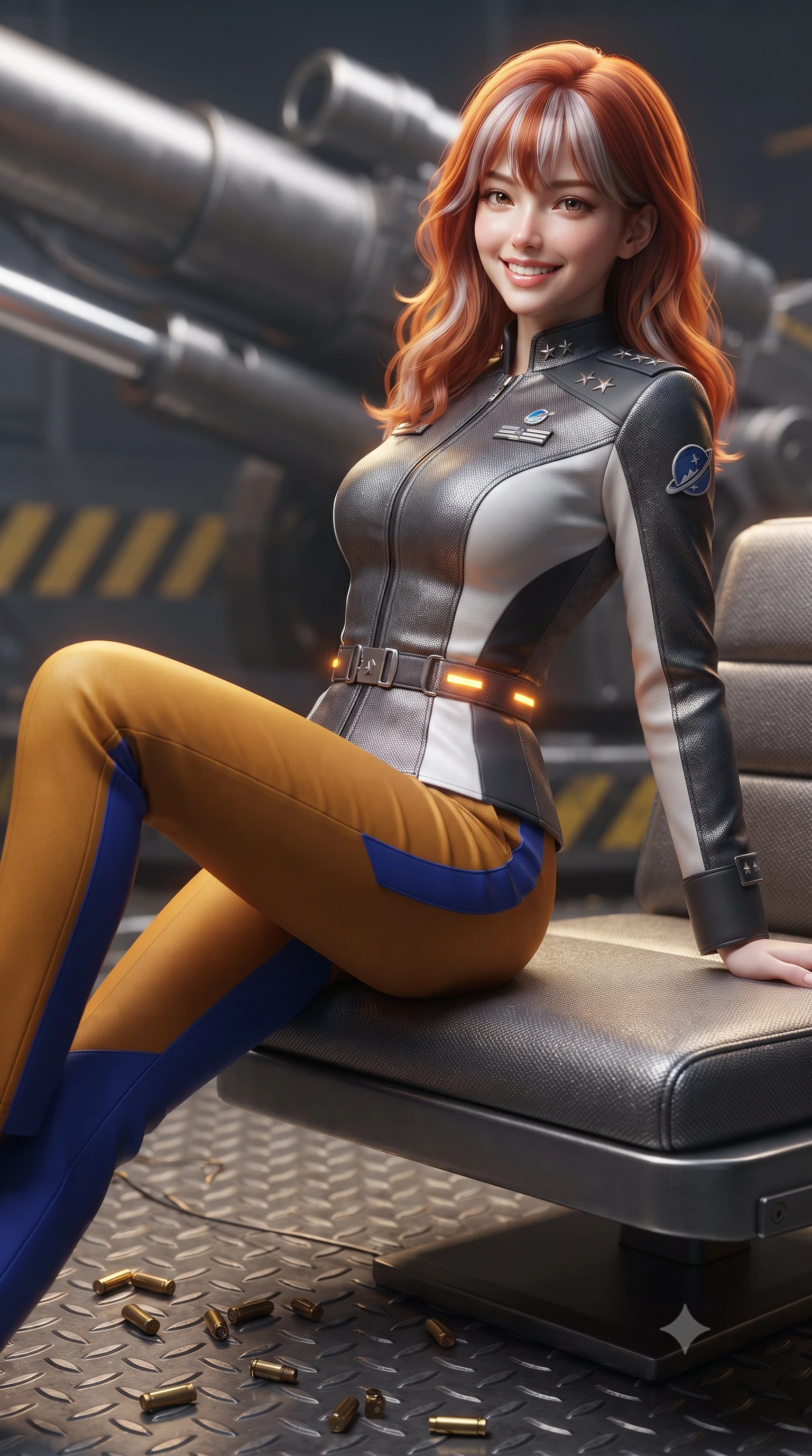 score_9, masterpiece, best quality, ultra-detailed, high-budget anime keyframe, editorial fashion photography, tasteful artistic composition, Caucasian woman. close-up cowboy shot from the waist and thighs up, the character dominates the composition, filling the frame with her large presence. perched sideways on the lounge seat, one knee drawn up to showcase her slender leg line while her arched back accentuates her feminine hip curve while twisting her slender torso in an alluring S-curve as spent brass shell casings glint at her feet, amber strobe lights dancing across her flat midriff and hips. The background shows a soft-focus massive gunmetal cannon breech, shimmering hydraulic recoil cylinders, and yellow hazard striping blurred into amber, charcoal, and platinum bokeh. She has an exceptionally elegant, slender, and willowy female figure with an ultra-slim waist, flat toned midriff, narrow ribcage, and sculpted feminine hips creating an alluring, slim hourglass silhouette without bulk. sharp v-shaped jawline, high-bridge nose, intricate jewel-like sparkling eyes with depth, thick eyelashes, glossy parted lips with a natural peach sheen, bright cheerful beaming smile with an enchanting and coquettish sensual glint, exuding both youthful cute charm and seductive allure, flawlessly proportioned anatomical accuracy, strict slender model proportions, natural body alignment, perfectly sculpted long slender limbs, ultra-slim waistline, clean dynamic posture without body distortion. wearing a tailored orbital colony command uniform in dark grey and white paneling with rank insignia pins and tailored straight-leg trousers in Jovian storm amber and electric cobalt, tailored from high-density tech-wool with subtle metallic thread weave, finished with sleek magnetic buckle closures fluttering in the breeze, the impeccably tailored cut draping gracefully along her slender figure with aristocratic poise. illuminated by diamond-plate steel reflection bounce and sharp gold-amber rim lights defining her razor-sharp jawline, narrow waist, and curvy hips. ultra-reflective glossy finish, specular highlights, rich textural contrasts, high-contrast stereoscopic depth, volumetric dynamic lighting, 2k, ultra detail, master piece, 9:16 ratio