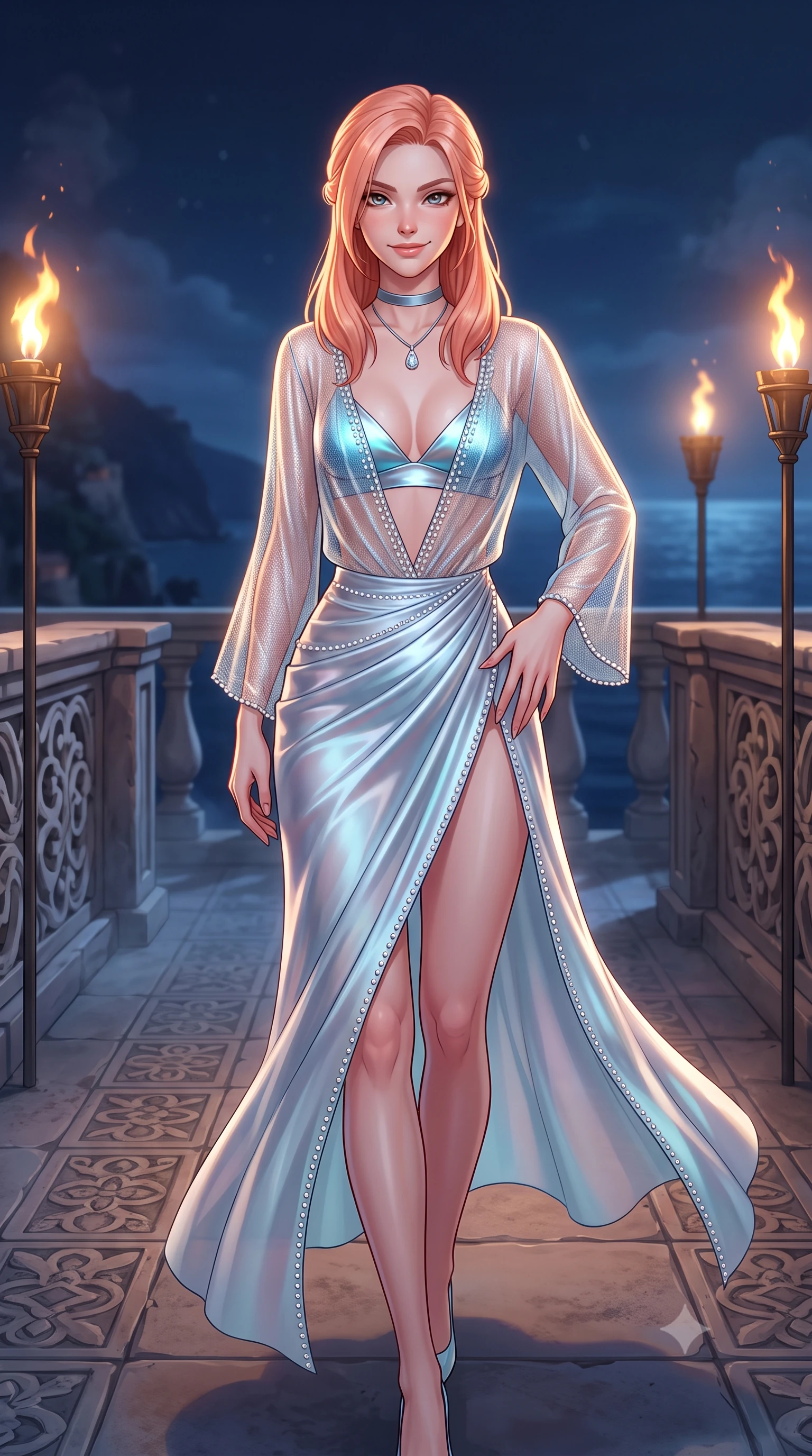 score_9, masterpiece, best quality, ultra-detailed, high-budget anime keyframe, semi-realistic 3D game render, editorial fashion photography, tasteful artistic composition, Japanese woman. close-up cowboy shot from the waist and thighs up, the character dominates the composition, filling the frame with her large presence. tilting her head with a teasing half-smile, running one hand slowly down the side of her hip in a flirtatious S-curve as ambient light caresses her silhouette while walking slowly along the tiled terrace with tall model strides, evening sea breezes molding her sheer gown to her slender legs. The surrounding environment is rendered in vivid detail and crisp panoramic clarity: detailed sheer metallic-threaded gossamer caftan drape, micro satin bralette cling, and historic Amalfi stonecraft in high resolution. She has an exceptionally elegant, slender, and willowy female figure with an ultra-slim waist, flat toned midriff, narrow ribcage, and sculpted feminine hips creating an alluring, slim hourglass silhouette without bulk. sharp v-shaped jawline, high-bridge nose, intricate jewel-like sparkling eyes with depth, thick eyelashes, glossy parted lips with a natural peach sheen, bright cheerful beaming smile with an enchanting and coquettish sensual glint, exuding both youthful cute charm and seductive allure, flawlessly proportioned anatomical accuracy, strict slender model proportions, natural body alignment, perfectly sculpted long slender limbs, ultra-slim waistline, clean dynamic posture without body distortion. wearing a provocative plunge-front sheer mesh caftan with delicate pearl beading worn open over micro satin lingerie in Neo-Carthage holographic cyan and solar chrome, crafted from fluid liquid silk satin that clings smoothly to her narrow waist and rounded hips with a dewy sheen, finished with a thin velvet ribbon choker and a single teardrop diamond pendant, the high-slit wrap tailoring accentuating her ultra-slim waistline and the enchanting curve of her feminine hips with alluring seductive charm. bathed in the dramatic warm 2100K flame glow of dancing oil torches mixed with cool Mediterranean sea moonlight. highly saturated vibrant anime colors, detailed shading with soft gradients, rich glossy textures, high-contrast stereoscopic depth, volumetric dynamic lighting, master piece, 9:16 ratio