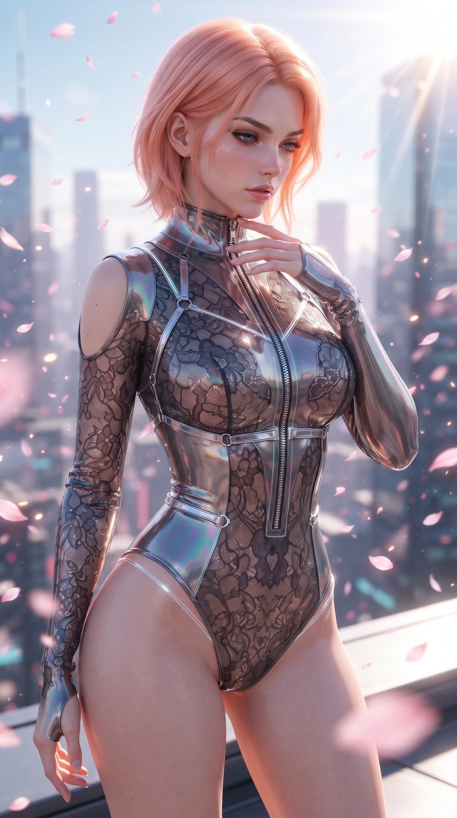 score_9, masterpiece, best quality, ultra-detailed, high-budget anime keyframe, editorial fashion photography, tasteful artistic composition, Japanese woman. close-up cowboy shot from the waist and thighs up, the character dominates the composition, filling the frame with her large presence. resting her fingers lightly against her throat while looking down with a smoldering, haughty yet intensely captivating glance while standing on the edge of a cyber skyscraper as cybernetic sakura petals blizzard around her in the wind. The composition keeps background elements in soft focus with creamy bokeh. pink neon fog and streaming particle trails blurred smoothly into a breathtaking backdrop. She has an exceptionally elegant, slender, and willowy female figure with an ultra-slim waist, a gracefully sculpted slender torso, and a refined silhouette. sharp v-shaped jawline, high-bridge nose, intricate jewel-like eyes with depth, thick eyelashes, glossy lips with a natural sheen, flawlessly proportioned anatomical accuracy, natural body alignment, perfectly sculpted elegant limbs, clean dynamic posture without body distortion. wearing a form-fitting top made of molten liquid-mercury fabric that clings to her curves, with strategic tear-drop shoulder cutouts and a dangerously unzipped front collar in translucent smoky quartz and iridescent holographic sheen, crafted from delicate dark lace interwoven with luminescent micro-fibers, reinforced by a sleek metallic chrome harness and delicate glowing micro-straps, the glove-like fit tightly following every curve of her statuesque athletic build. bathed in brilliant morning sunlight and sharp sun rays reflecting off distant glass skyscrapers. ultra-reflective glossy finish, specular highlights, metallic sheen, high-contrast stereoscopic depth, volumetric dynamic lighting, 2k, ultra detail, master piece, 9:16 ratio
