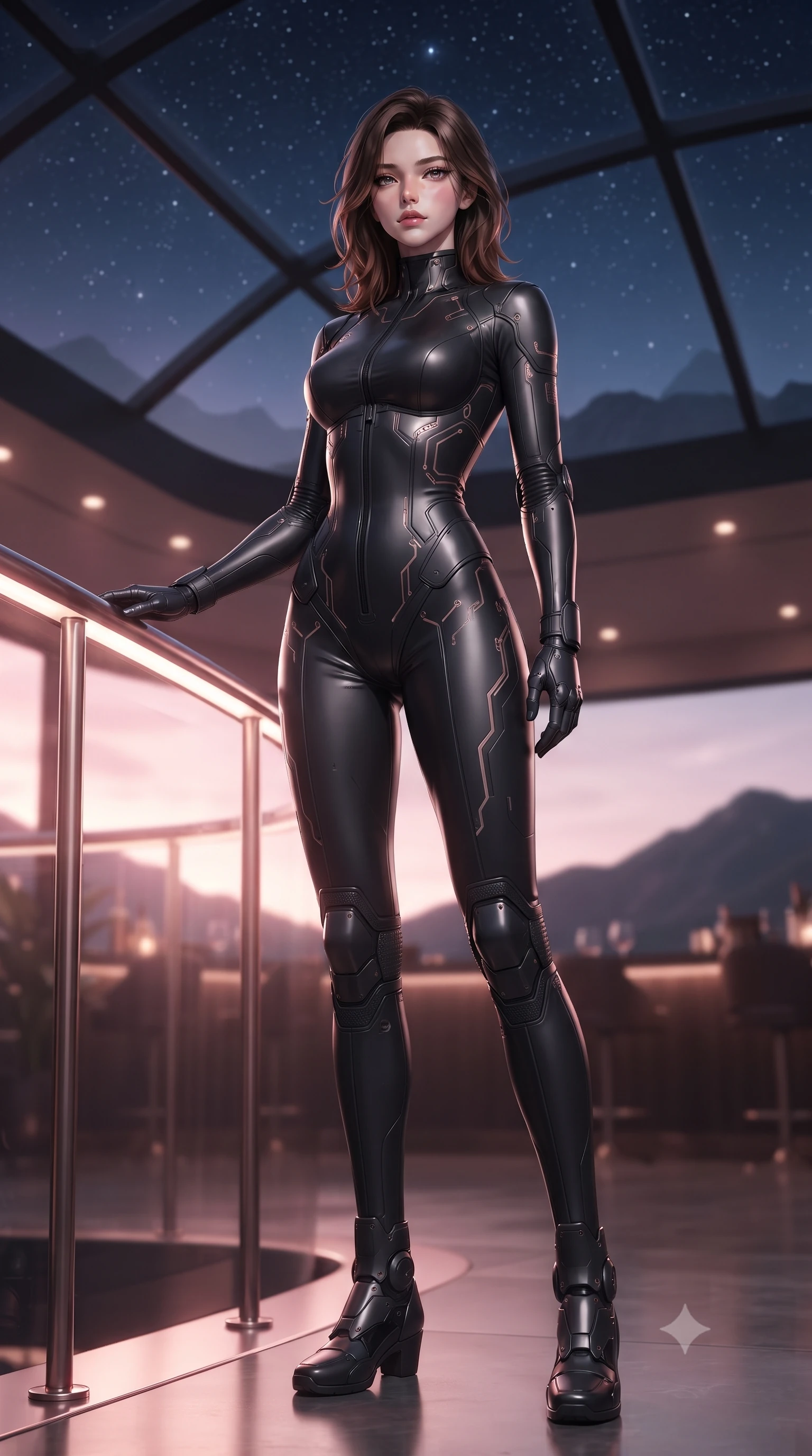 score_9, masterpiece, best quality, ultra-detailed, high-budget anime keyframe, editorial fashion photography, tasteful artistic composition, Korean woman. low angle full-body shot from head to toe showing her feet, filling the entire 9:16 vertical frame with her statuesque presence, stretching her vertical silhouette. standing in a tall, confident posture with one hand on a glowing metal railing, stretching her statuesque body, the background shows a soft-focus a bar lounge with glass ceilings showing stars and mountain silhouettes. She has an absolutely perfect, statuesque 8.5-heads proportion, an exceptionally tall and slender model-like female figure with impossibly long slender legs and an ultra-slim waist. sharp v-shaped jawline, high-bridge nose, intricate jewel-like eyes with depth, thick eyelashes, glossy lips with a natural sheen. wearing a tailored form-fitting cybernetic combat suit in matte black latex, tracing her willowy silhouette with a high neck. soft pink and amber sunset glow painting the cabin in a romantic wash. ultra-reflective glossy finish, specular highlights, metallic sheen, high-contrast stereoscopic depth, volumetric dynamic lighting, 2k, ultra detail, master piece, 9:16 ratio