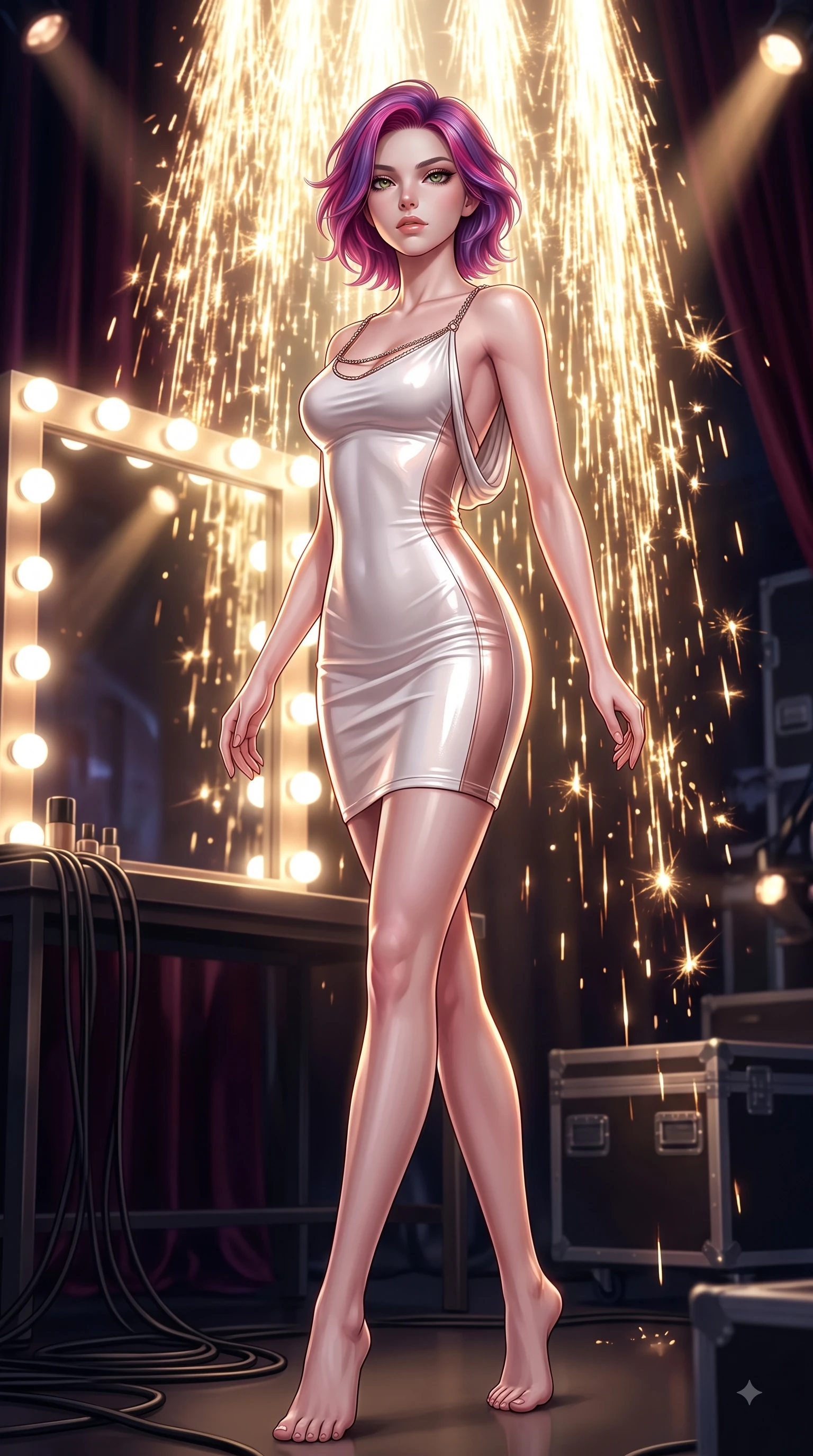 score_9, masterpiece, best quality, ultra-detailed, high-budget anime keyframe, editorial fashion photography, tasteful artistic composition, Caucasian woman. low angle full-body shot from head to toe showing her feet, filling the entire 9:16 vertical frame with her statuesque presence, stretching her vertical silhouette. performing an athletic mid-air rotation with flawless poise, her vertical silhouette beautifully stretched while resting near a glowing vanity mirror backstage as stage lights trace her contoured waist, golden pyrotechnic sparks falling like a waterfall behind her statuesque silhouette. She has an absolutely perfect, statuesque 8.5-heads proportion, an exceptionally tall and slender model-like female figure with impossibly long slender legs and an ultra-slim waist. sharp v-shaped jawline, high-bridge nose, intricate jewel-like eyes with depth, thick eyelashes, glossy lips with a natural sheen, flawlessly proportioned anatomical accuracy, natural body alignment, perfectly sculpted elegant limbs, clean dynamic posture without body distortion. wearing a precision-fitted liquid jersey bodycon dress with a graceful draped back in pearl white and rose gold, tailored from high-gloss patent leather, adorned with delicate metallic chain straps along the neckline, the tailored fabric tightly following every curve of her athletic build. illuminated by golden spark explosions and high-contrast concert lighting. ultra-reflective glossy finish, specular highlights, metallic sheen, high-contrast stereoscopic depth, volumetric dynamic lighting, 2k, ultra detail, master piece, 9:16 ratio