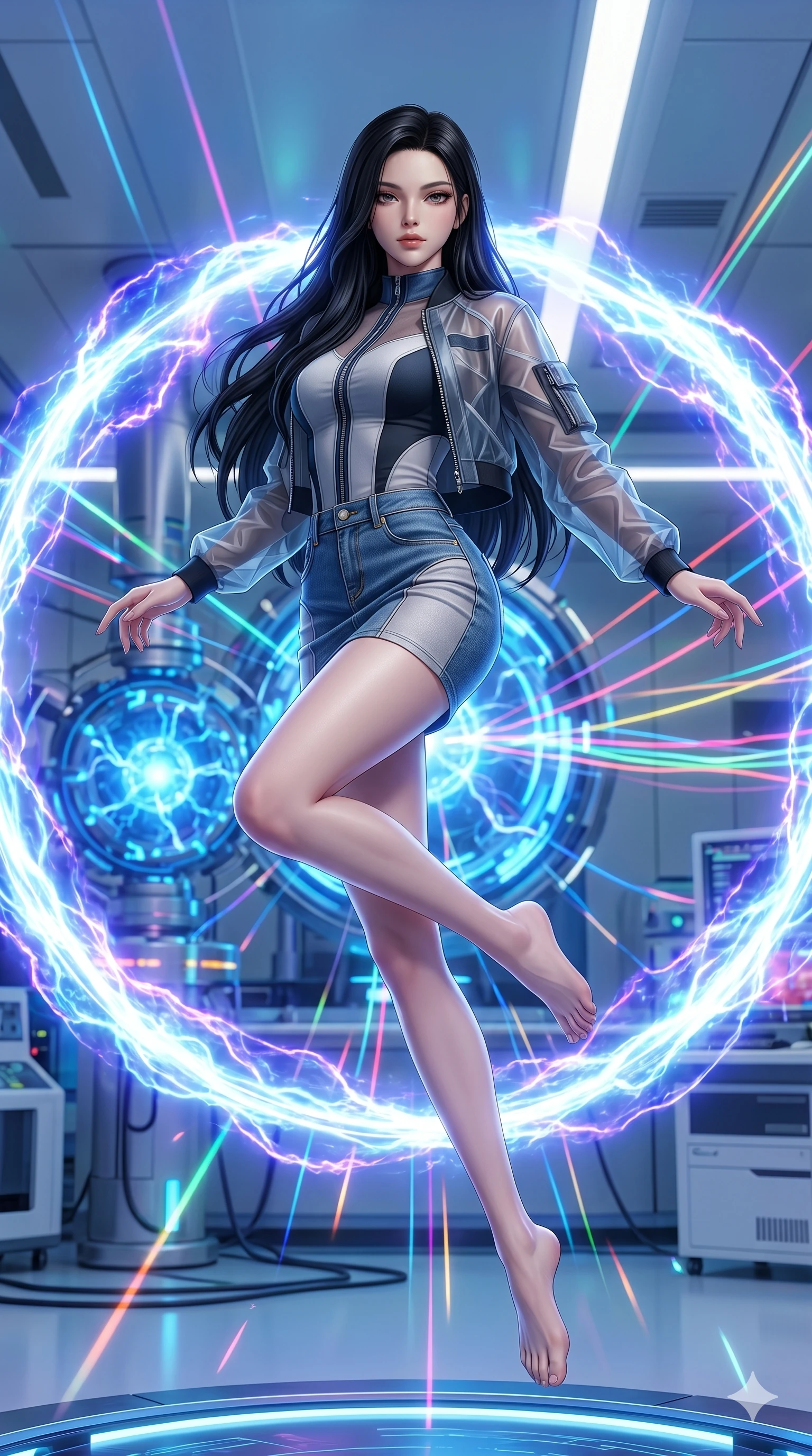 score_9, masterpiece, best quality, ultra-detailed, Set A: Photorealistic 8k CG, Japanese woman. Low angle cowboy shot filling the entire 9:16 frame with her statuesque presence. Leaping through a ring of glowing plasma in a high-tech laboratory. She has an absolutely perfect 8-heads proportion, an exceptionally tall and slender female figure with elegant long slender legs and an slender waist. Sharp v-shaped jawline, high-bridge nose, intricate jewel-like eyes with depth, thick eyelashes, glossy lips. Wearing an Urban Trendsetter outfit: elegant form-fitting dress with high-waist denim and a sheer jacket. Background is a bright and colorful lab with blue energy cores and vibrant light trails. 2k, ultra detail, master piece, 9:16 ratio