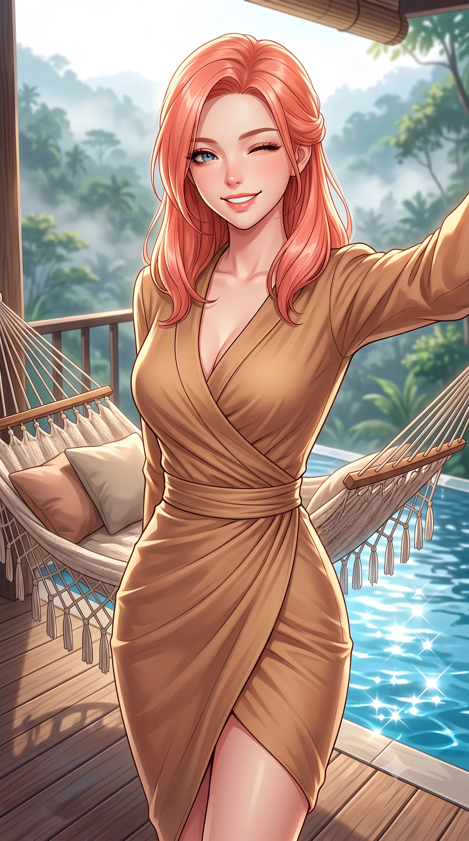 score_9, masterpiece, best quality, ultra-detailed, high-budget anime keyframe, editorial fashion photography, tasteful artistic composition, Japanese woman. close-up cowboy shot from the waist and thighs up, the character dominates the composition, filling the frame with her large presence, background elements kept in soft focus. smiling brightly with a cheerful expression, winking playfully at the viewer set against a soft-focus background of on a scenic resort balcony overlooking a misty valley of tropical forest with a cozy woven hammock and soft cushions arranged on the wooden deck. She has an exceptionally elegant, slender, and willowy female figure with an ultra-slim waist, a gracefully sculpted slender torso, and a refined silhouette. sharp v-shaped jawline, high-bridge nose, intricate jewel-like eyes with depth, thick eyelashes, glossy lips with a natural sheen. wearing tailored form-contouring silk wrap dress in camel, outlining her slender waist. fresh morning sun rays creating sparkling glints on the blue pool water. highly saturated vibrant anime colors, detailed shading with soft gradients, rich glossy textures, high-contrast stereoscopic depth, volumetric dynamic lighting, master piece, 9:16 ratio