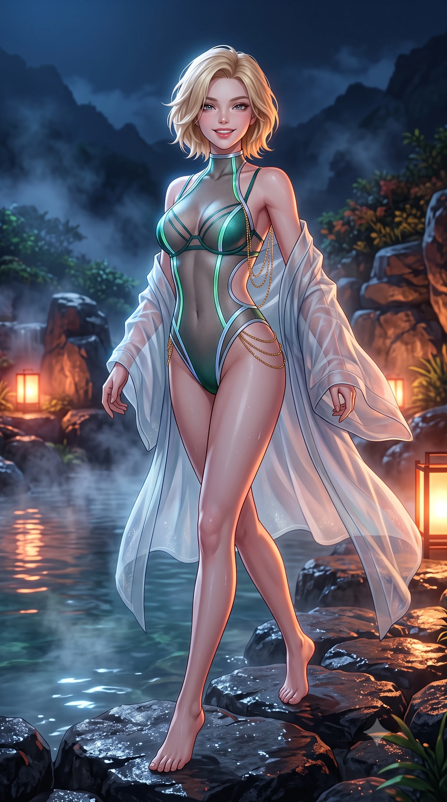 score_9, masterpiece, best quality, ultra-detailed, high-budget anime keyframe, semi-realistic 3D game render, editorial fashion photography, tasteful artistic composition, Caucasian woman. low angle full-body shot from head to toe showing her feet, filling the entire 9:16 vertical frame with her statuesque presence, stretching her vertical silhouette. stepping forward in a confident stride, her long slender legs and curvaceous hips creating a dynamic, sweeping vertical line while standing poised on the wet volcanic basalt rocks beside the natural steaming hot spring river, arching her lower back with wet-look siren grace as nocturnal mountain mist swirls. The surrounding environment is rendered in vivid detail and crisp panoramic clarity: detailed ethereal translucent silk chiffon yukata robe slipping off bare shoulders, strappy underwire bralette cling, and traditional craft in razor-sharp precision. She has an exceptionally tall and slender model-like 8.5-heads proportion, an ultra-slim waist, a flat toned midriff, narrow delicate ribcage, and beautifully sculpted feminine hips creating a graceful, slim hourglass silhouette without any bulky heaviness, with impossibly long slender legs. sharp v-shaped jawline, high-bridge nose, intricate jewel-like sparkling eyes with depth, thick eyelashes, glossy parted lips with a natural peach sheen, bright cheerful beaming smile with an enchanting and coquettish sensual glint, exuding both youthful cute charm and seductive allure, flawlessly proportioned anatomical accuracy, strict slender model proportions, natural body alignment, perfectly sculpted long slender limbs, ultra-slim waistline, clean dynamic posture without body distortion. wearing a provocative cyber-mesh sheer bodysuit with luminescent holographic fiber piping contouring her hourglass frame in Nordic aurora emerald green and starlight silver, woven from fine semi-opaque stretch illusion mesh tracing her slender contours, accented with an open-back drape framed by falling strands of delicate gold chains, the precision-cut side openings and low-back scoop framing her graceful spine and the sensual sweep of her slim, toned hips. bathed in the romantic vermilion-and-gold 2300K lantern glows contrasted with cool deep-blue mountain mist. highly saturated vibrant anime colors, detailed shading with soft gradients, rich glossy textures, high-contrast stereoscopic depth, volumetric dynamic lighting, master piece, 9:16 ratio
