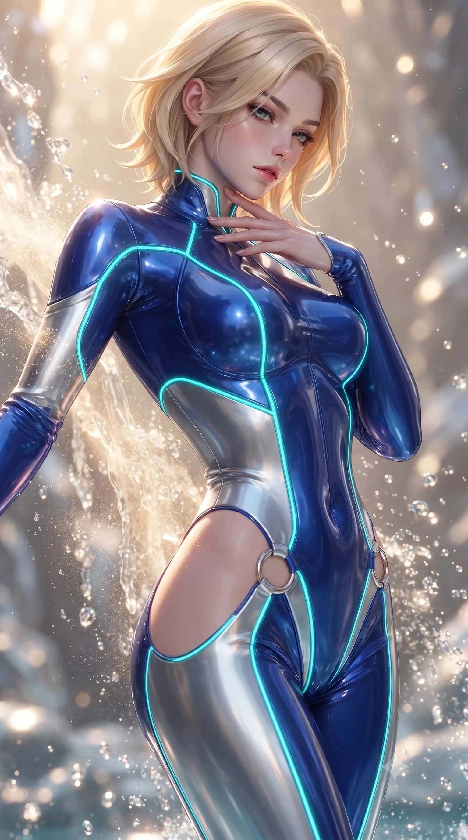 score_9, masterpiece, best quality, ultra-detailed, high-budget anime keyframe, editorial fashion photography, tasteful artistic composition, Caucasian woman. close-up cowboy shot from the waist and thighs up, the character dominates the composition, filling the frame with her large presence. resting her fingers lightly against her throat while looking down with a smoldering, haughty yet intensely captivating glance while arching her back in a fluid motion as cascading crystal stream mist catches golden sunlight around her torso. The composition keeps background elements in soft focus with creamy bokeh. sparkling water spray droplets scattering brilliant sunlight motes across the background. She has an exceptionally elegant, slender, and willowy female figure with an ultra-slim waist, a gracefully sculpted slender torso, toned flat midriff, and a refined slim silhouette. sharp v-shaped jawline, high-bridge nose, intricate jewel-like eyes with depth, thick eyelashes, glossy lips with a natural sheen, flawlessly proportioned anatomical accuracy, strict slender model proportions, natural body alignment, perfectly sculpted long slender limbs, ultra-slim waistline, clean dynamic posture without body distortion. wearing a skin-tight cybernetic bodysuit with glowing neon seams, deep hip cutouts, and an aerodynamic athletic fit in liquid electric cobalt blue and polished silver, formed from high-gloss patent material with specular light reflections, detailed with polished silver rings connecting the daring side-waist cutouts, the sleek second-skin cut tightly hugging her graceful clavicle, narrow waist, and feminine curves with athletic precision. surrounded by a pristine, refreshing, and intensely seductive crystal nymph atmosphere. ultra-reflective glossy finish, specular highlights, metallic sheen, high-contrast stereoscopic depth, volumetric dynamic lighting, 2k, ultra detail, master piece, 9:16 ratio