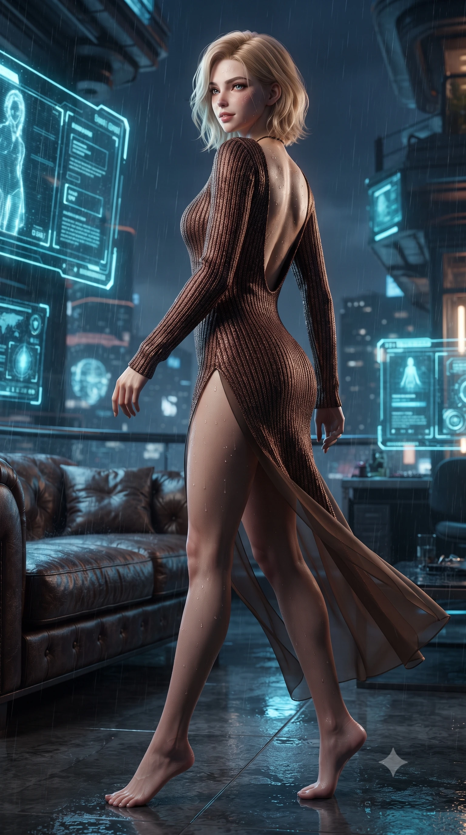 score_9, masterpiece, best quality, ultra-detailed, high-budget anime keyframe, editorial fashion photography, tasteful artistic composition, Caucasian woman. low angle full-body shot from head to toe showing her feet, filling the entire 9:16 vertical frame with her statuesque presence, stretching her vertical silhouette. walking along the terrace with poise, looking back over her bare shoulder with an irresistible smoldering bedroom-gaze while twisting her slender torso in an alluring contrapposto stance, glowing holographic surveillance screens and neon rain tracing her curves. The surrounding environment is rendered in vivid detail and crisp panoramic clarity: sharp holographic UI lines, rain stream rivulets on exterior glass, and distressed leather sofa grain in deep focus. She has an absolutely perfect, statuesque 8.5-heads proportion, an exceptionally tall and slender model-like female figure with impossibly long slender legs, an ultra-slim waist, a flat toned midriff, narrow delicate ribcage, and beautifully sculpted feminine hips creating a graceful, slim hourglass silhouette without any bulky heaviness. sharp v-shaped jawline, high-bridge nose, sparkling eyes with hypnotic seductive depth, thick curled eyelashes, glossy parted lips with a natural dewy peach sheen, alluring bedroom-eyes with an enchanting coquettish smile, exuding magnetic siren charisma and sophisticated glamour, flawlessly proportioned anatomical accuracy, strict slender model proportions, natural body alignment, perfectly sculpted long slender limbs, ultra-slim waistline, clean dynamic posture without body distortion. wearing a plunging V-neck rib-knit sweater dress with an open-back scoop and daring side leg slit in sultry espresso bronze and metallic copper, made of sheer gossamer chiffon that drapes softly against skin with airy translucence, finished with glistening drops of pool water beading across her sculpted shoulders and collarbones, the high-slit wrap tailoring accentuating her ultra-slim waistline and the enchanting curve of her feminine hips with alluring seductive charm. illuminated by polished floor reflections and sharp electric-cyan rim lights sculpting her razor-sharp jawline, narrow waist, and curvy hips. ultra-reflective glossy finish, specular highlights, rich textural contrasts, high-contrast stereoscopic depth, volumetric dynamic lighting, 2k, ultra detail, master piece, 9:16 ratio