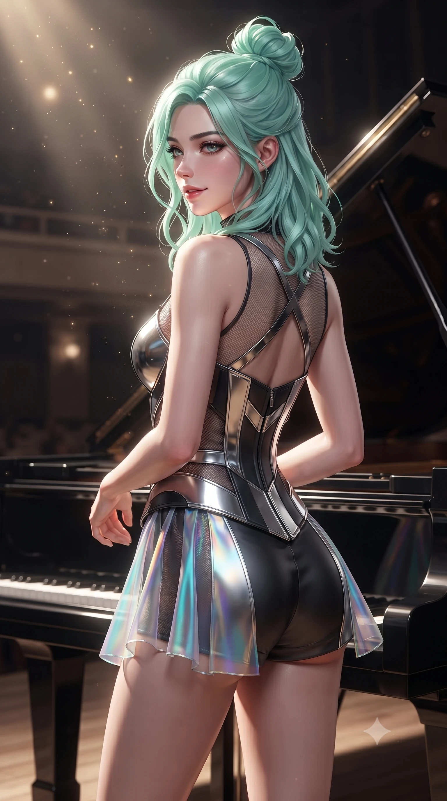 score_9, masterpiece, best quality, ultra-detailed, high-budget anime keyframe, editorial fashion photography, tasteful artistic composition, Japanese woman. close-up cowboy shot from the waist and thighs up, the character dominates the composition, filling the frame with her large presence, background elements kept in soft focus. Glancing sidelong over her shoulder with a smoldering half-smile and heavy lashes standing beside a polished ebony grand piano on a solitary concert stage, golden dust particles dancing gracefully in the beam of key light. She has an exceptionally elegant, slender, and willowy female figure with an ultra-slim waist, a gracefully sculpted slender torso, and a refined silhouette. sharp v-shaped jawline, high-bridge nose, intricate jewel-like eyes with depth, thick eyelashes, glossy lips with a natural sheen. wearing a chrome-plated structured bodice worn over a sheer mesh top and micro-shorts in matte black and polished silver, crafted from iridescent chiffon that shifts colors in the light, complemented by criss-cross back straps highlighting her bare shoulders, the sleek second-skin texture accentuating her magnetic presence. surrounded by an elegant, high-contrast performance atmosphere. ultra-reflective glossy finish, specular highlights, metallic sheen, high-contrast stereoscopic depth, volumetric dynamic lighting, 2k, ultra detail, master piece, 9:16 ratio