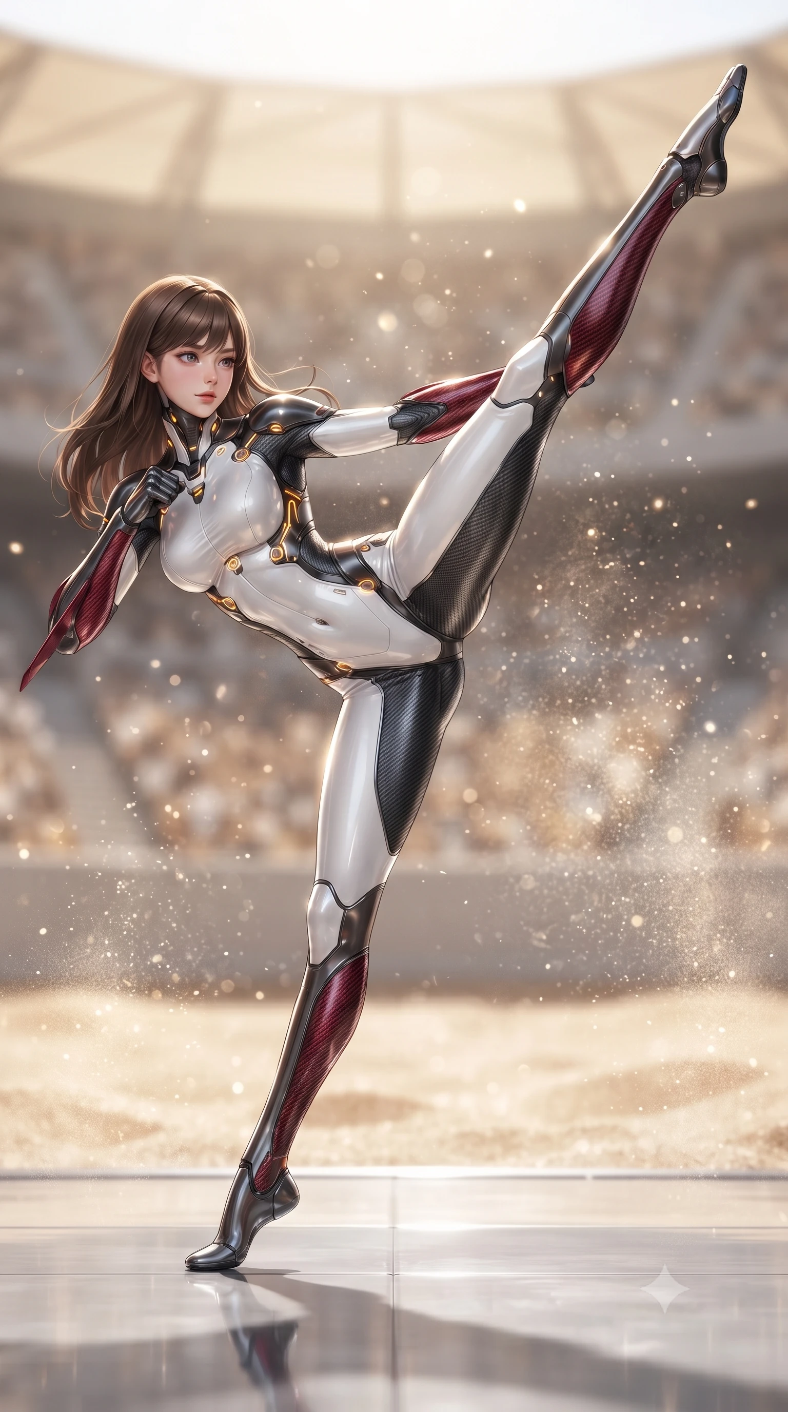 score_9, masterpiece, best quality, ultra-detailed, high-budget anime keyframe, editorial fashion photography, tasteful artistic composition, Korean woman. low angle full-body shot from head to toe showing her feet, filling the entire 9:16 vertical frame with her statuesque presence, stretching her vertical silhouette. pivoting dynamically in a high-speed low sweep kick along the reflective floor, her athletic torso and ultra-slim waist twisting in a fluid arc of power while arching her back gracefully in mid-air with an athletic leap, her impossibly long slender legs stretched in flawless martial form. The composition keeps background elements in soft focus with creamy bokeh. sparkling sunlit sand grains scattering bright specular light motes across a grand stadium backdrop. She has an absolutely perfect, statuesque 8.5-heads proportion, an exceptionally tall and slender model-like female figure with impossibly long slender legs, a toned flat midriff, and an ultra-slim waist. sharp v-shaped jawline, high-bridge nose, intricate jewel-like eyes with depth, thick eyelashes, glossy lips with a natural sheen, flawlessly proportioned anatomical accuracy, strict slender model proportions, natural body alignment, perfectly sculpted long slender limbs, ultra-slim waistline, clean dynamic posture without body distortion. wearing a high-contrast monochrome white-and-black carbon-composite exoskeleton suit with glowing amber circuitry and aerodynamic limb fins in deep crimson carbon weave with specular dark chrome accents, crafted from ultra-strong woven carbon-fiber composite with a satin luster, featuring a sleek aerodynamic collar framed by subtle glowing cybernetic status LEDs, the form-contouring material adhering flawlessly to her sculpted flat midriff and slender torso, emphasizing her long leg lines and perfectly proportioned willowy build. illuminated by crisp white key lighting with sharp specular highlights tracing her ultra-slim waist and long legs. ultra-reflective glossy finish, specular highlights, dark metallic sheen, high-contrast stereoscopic depth, volumetric dynamic lighting, 2k, ultra detail, master piece, 9:16 ratio