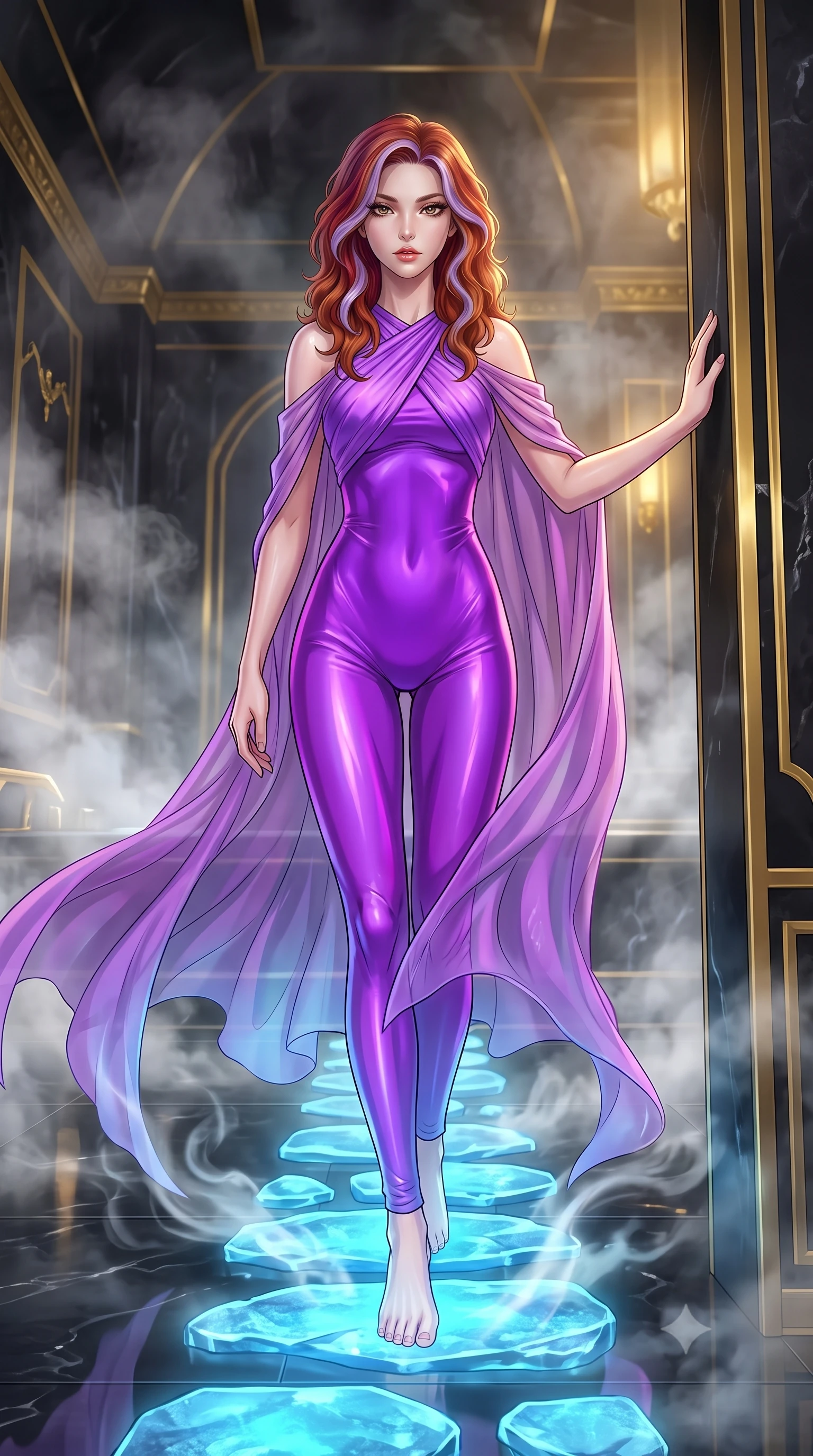 score_9, masterpiece, best quality, ultra-detailed, High-budget Anime Keyframe, Caucasian woman, strictly human ears. Low angle cowboy shot filling the entire 9:16 frame with her statuesque presence. Scenario 503: stepping across glowing azure stones in a steam-filled bathhouse built of black obsidian stone and gold accents. Her presence is magnetic and overpowering in this high-budget anime scene. Outfit 503: a form-contouring neon violet liquid silk jumpsuit draped with a semi-transparent chiffon cape. The clothing is designed to emphasize her exceptionally tall and slender 8-heads proportion. 8-heads proportion, towering silhouette, ultra-slim waist. sharp v-shaped jawline, intricate jewel-like eyes with depth, thick eyelashes, glossy lips. 2k, ultra detail, master piece, 9:16 ratio