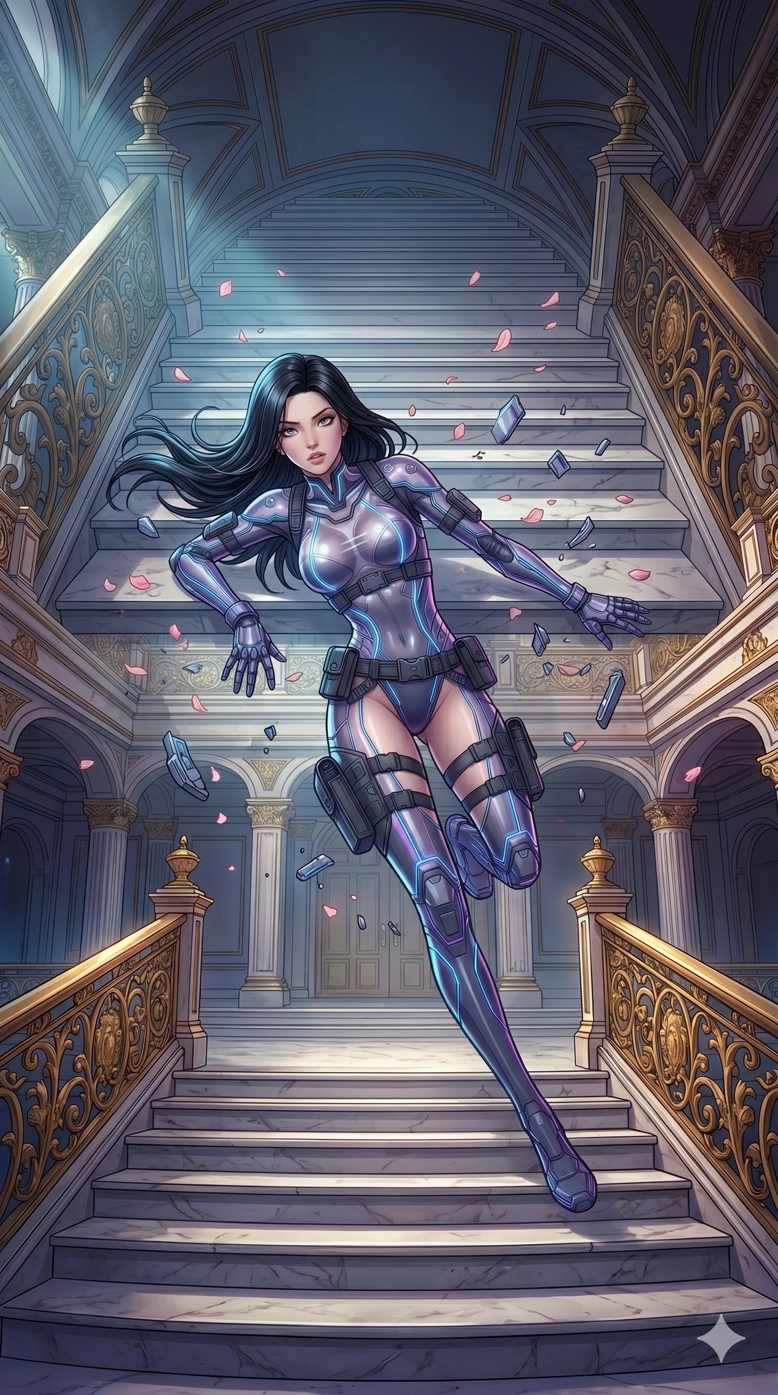 score_9, masterpiece, best quality, ultra-detailed, high-budget anime movie keyframe, cinematic anime lighting, intricate line art, Caucasian (strictly human ears) anime girl. Extreme high angle shot as she leaps towards the camera, filling the frame. collapsing onto a grand staircase as petals fall from the ceiling. She has an absolutely perfect 8-heads proportion, an exceptionally tall and slender female figure with an ultra-slim waist and impossibly long slender legs. strictly human anatomy, two legs only, no extra limbs, clearly defined legs and arms, perfect anatomy, perfect hands and fingers. sharp v-shaped jawline, high-bridge nose, intricate jewel-like eyes, thick eyelashes, glossy lips. Wearing Tech-Fantasy: Cybernetic tech-suit with glowing seams, translucent PVC over leotard, and modular tactical gear. The scene is illuminated by dramatic atmospheric lighting and vibrant color palettes. , 2k, ultra detail, master piece, 9:16 ratio