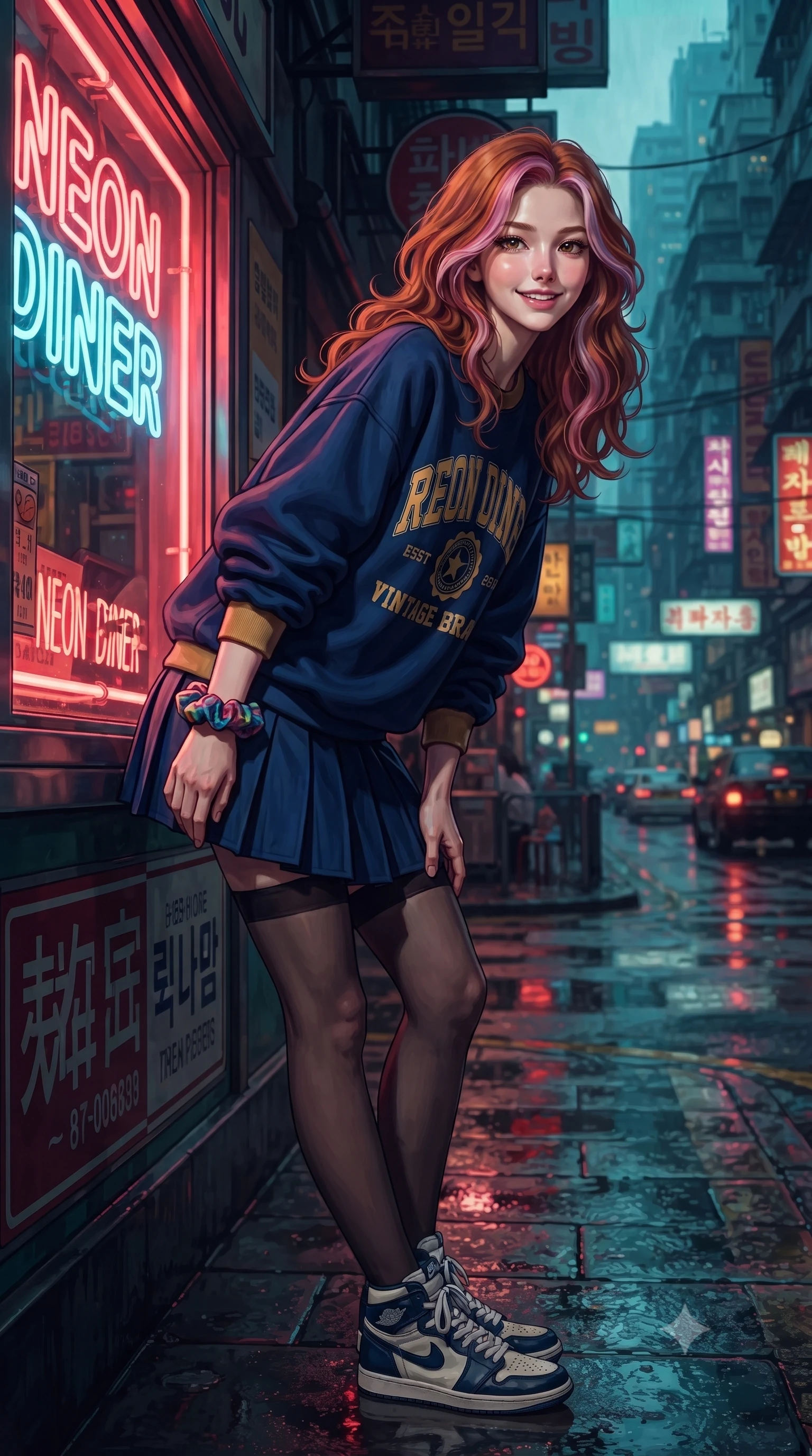 score_9, masterpiece, best quality, ultra-detailed, high-budget anime keyframe, editorial fashion photography, tasteful artistic composition, Caucasian woman. close-up cowboy shot from the waist and thighs up, the character dominates the composition, filling the frame with her large presence. leaning forward with playful, captivating grace, her sculpted collarbones and slender neckline highlighted by directional light while pivoting playfully outside a retro diner's glowing neon window, smiling with infectious nostalgic girlhood charm. The surrounding environment is rendered in vivid detail and crisp panoramic clarity. authentic 90s film noir chiaroscuro and atmospheric retro Asian city nightlife rendered in precision. She has an exceptionally elegant, slender, and willowy female figure with an ultra-slim waist, a gracefully sculpted slender torso, toned flat midriff, and a refined slim silhouette. sharp v-shaped jawline, high-bridge nose, intricate jewel-like eyes with depth, thick eyelashes, glossy lips with a natural sheen, captivating and magnetic expression, flawlessly proportioned anatomical accuracy, strict slender model proportions, natural body alignment, perfectly sculpted long slender limbs, ultra-slim waistline, clean dynamic posture without body distortion. wearing a vibrant retro graphic oversized sweatshirt paired with a pleated tennis skirt and chunky sneakers in deep navy blue and vintage brass gold, woven from soft breathable linen that flutters gently with every step, accessorized with a colorful scrunchie on her wrist and classic retro high-top sneakers, the liquid-tight tailored fabric emphasizing every curve of her tall, slender model proportions and sculptured silhouette during dynamic movement. surrounded by a romantic, moody, and irresistibly nostalgic 90s city-pop heroine aura. ultra-reflective glossy finish, specular highlights, rich textural contrasts, high-contrast stereoscopic depth, volumetric dynamic lighting, 2k, ultra detail, master piece, 9:16 ratio