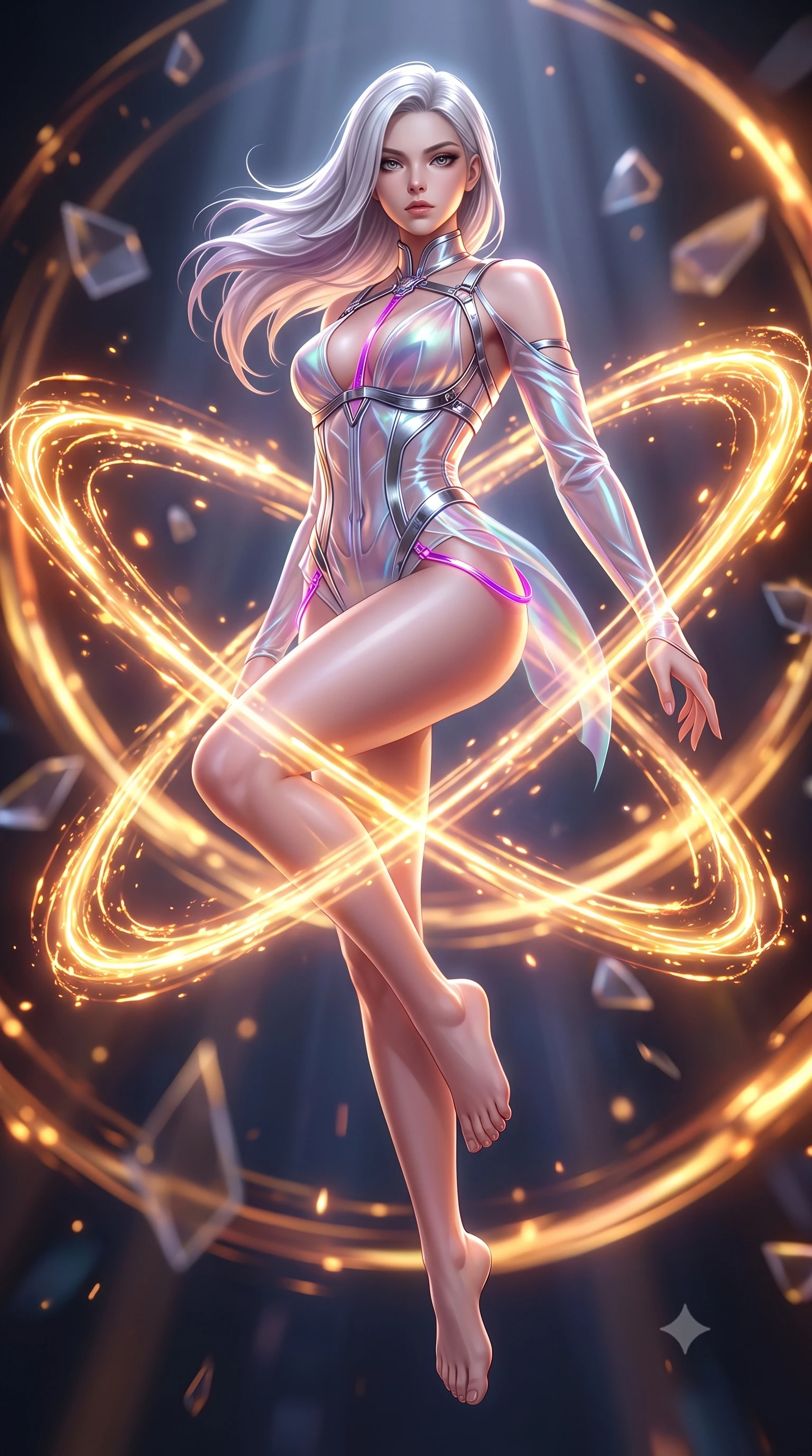 score_9, masterpiece, best quality, ultra-detailed, high-budget anime keyframe, semi-realistic 3D game render, editorial fashion photography, tasteful artistic composition, Caucasian woman. low angle full-body shot from head to toe showing her feet, filling the entire 9:16 vertical frame with her statuesque presence, stretching her vertical silhouette. performing an alluring mid-air vault with flawless poise, looking directly into the camera with smoldering intensity while arching her body in zero-gravity as rings of magnetic particle acceleration illuminate her silhouette. The composition keeps background elements in soft focus with creamy bokeh. pulsating plasma rings and floating geometric shards blurred into intense golden-orange bokeh. She has an absolutely perfect, statuesque 8.5-heads proportion, an exceptionally tall and slender model-like female figure with impossibly long slender legs and an ultra-slim waist. sharp v-shaped jawline, high-bridge nose, intricate jewel-like eyes with depth, thick eyelashes, glossy lips with a natural sheen, flawlessly proportioned anatomical accuracy, natural body alignment, perfectly sculpted elegant limbs, clean dynamic posture without body distortion. wearing a translucent cybernetic corset in semi-opaque structured vinyl, combined with detached sleeves and a deep-plunging neckline secured by glowing micro-straps in chromatic platinum and blazing neon magenta, made of smooth iridescent silk chiffon that shifts colors with movement, reinforced by a sleek metallic chrome harness and delicate glowing micro-straps, the sleek aerodynamic cut emphasizing her magnetic presence and alluring physical grace. illuminated by intense volumetric energy beams and high-contrast specular reflections. highly saturated vibrant anime colors, detailed shading with soft gradients, rich glossy textures, high-contrast stereoscopic depth, volumetric dynamic lighting, master piece, 9:16 ratio