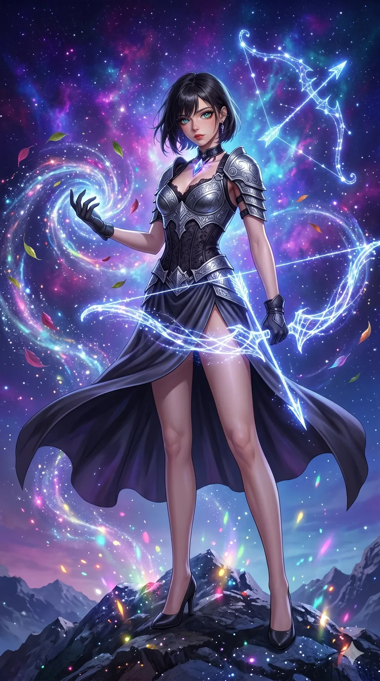 첨부의 캐릭터를 고정하여 얼굴과 몸매만 유지, score_9, masterpiece, best quality, ultra-detailed, Set B: Semi-realistic 3D Game Render, Caucasian woman (strictly human ears). Low angle cowboy shot filling the entire 9:16 frame with her statuesque presence. Summoning a bow and arrow made of starlight on a mountain peak. She has an absolutely perfect 8-heads proportion, an exceptionally tall and slender female figure with elegant long slender legs and an slender waist. Sharp v-shaped jawline, high-bridge nose, intricate jewel-like eyes with depth, thick eyelashes, glossy lips. Wearing a Dark Fantasy outfit: gothic lace corset with silver plate armor and high-slit silk skirt. Background is a bright and colorful night sky with a glowing constellation bow and vibrant stars. 2k, ultra detail, master piece, 9:16 ratio