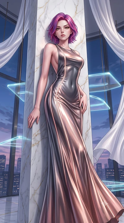 score_9, masterpiece, best quality, ultra-detailed, High-budget Anime Keyframe, Caucasian woman, strictly human ears. Low angle cowboy shot filling the entire 9:16 frame with her statuesque presence. Scenario 287: leaning against a cold marble pillar