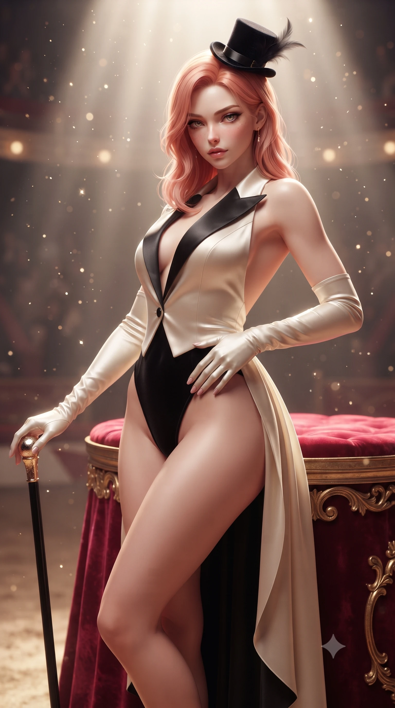 score_9, masterpiece, best quality, ultra-detailed, high-budget anime keyframe, editorial fashion photography, tasteful artistic composition, Japanese woman. close-up cowboy shot from the waist and thighs up, the character dominates the composition, filling the frame with her large presence. resting one manicured hand delicately on her hip bone, her upper body turning in a fluid, seductive S-curve while parted lips glisten in the light while leaning against a crimson circus ringmaster podium with hips cocked back, holding a gold-tipped cane while locking smoldering eyes with the lens. The composition keeps background elements in soft focus with creamy bokeh. drifting stage haze and floating glitter particles catching spotlight rays across the arena. She has an exceptionally elegant, slender, and willowy female figure with an ultra-slim waist, a gracefully sculpted slender torso, toned flat midriff, and rounded feminine hips creating an alluring hourglass silhouette. sharp v-shaped jawline, high-bridge nose, intricate jewel-like eyes with depth, thick eyelashes, glossy parted lips with a natural sheen, intensely captivating and seductive bedroom-eyes expression, flawlessly proportioned anatomical accuracy, strict slender model proportions, natural body alignment, perfectly sculpted long slender limbs, ultra-slim waistline, clean dynamic posture without body distortion. wearing a tailored velvet ringmaster tuxedo bodysuit with an open back, high-cut leg openings, and satin lapels in vintage champagne ivory and black satin, woven from layered gossamer chiffon with a weightless sweeping drape, accessorized with opera-length satin gloves and a miniature top-hat fascinator, the glove-like aerodynamic silhouette tightly following the natural contour of her hips and long slender legs with statuesque precision. illuminated by crisp directional rim lighting sharply carving her razor-sharp jawline, narrow waist, and curvy hips. ultra-reflective glossy finish, specular highlights, rich textural contrasts, high-contrast stereoscopic depth, volumetric dynamic lighting, 2k, ultra detail, master piece, 9:16 ratio