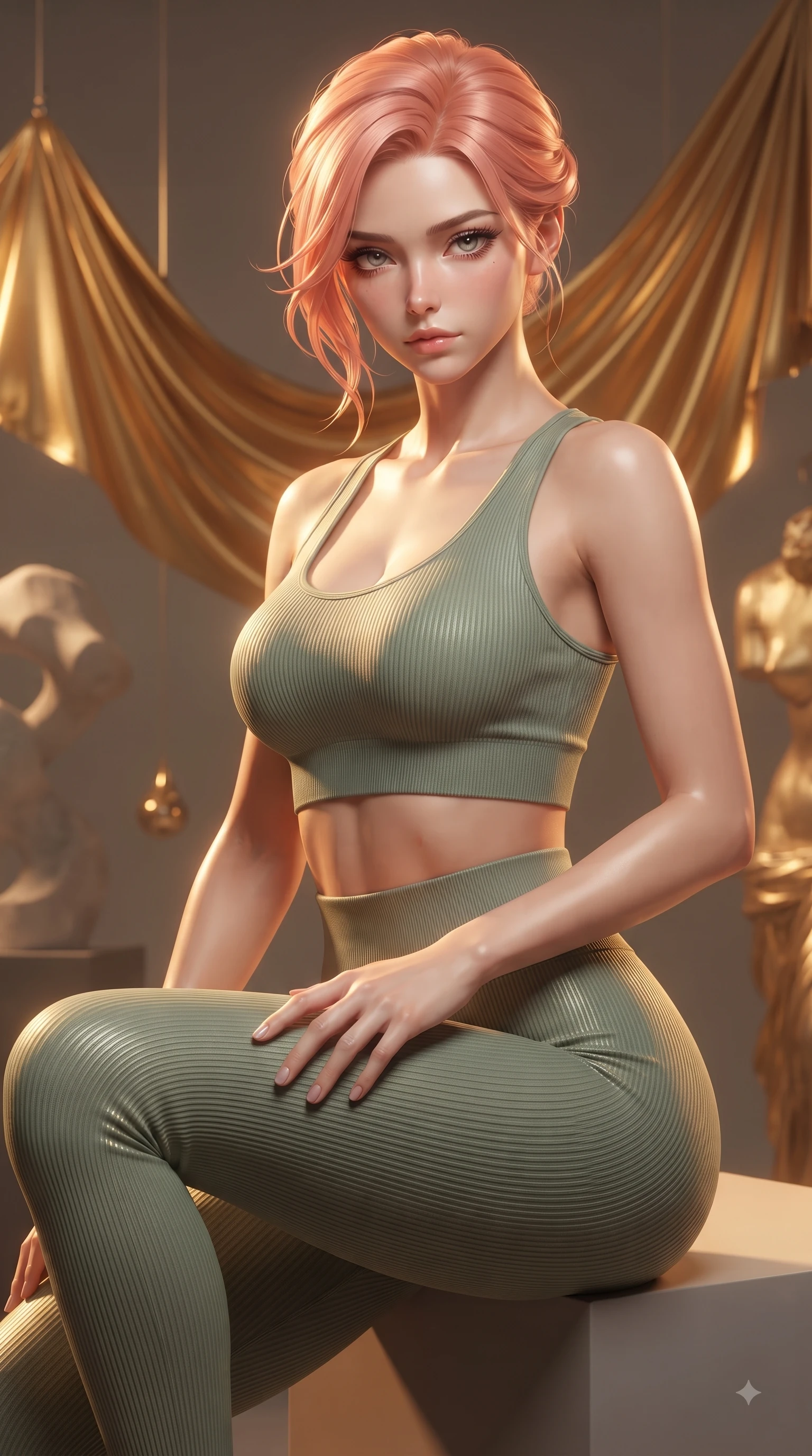 score_9, masterpiece, best quality, ultra-detailed, high-budget anime keyframe, editorial fashion photography, tasteful artistic composition, Japanese woman woman. close-up cowboy shot from the waist and thighs up, the character dominates the composition, filling the frame with her large presence, background elements kept in soft focus. She has an exceptionally elegant, slender, and willowy female figure with an ultra-slim waist, a gracefully sculpted slender torso, and a refined silhouette. casting a slow, direct gaze beneath heavy lashes with magnetic intensity, flawlessly proportioned anatomical accuracy, natural body alignment, perfectly sculpted elegant limbs, clean dynamic posture without body distortion. set against a soft-focus background of an avant-garde art studio with suspended liquid gold drapes. wearing a tight-fitting sage green ribbed activewear set with a body-hugging silhouette. bathed in warm amber spotlighting creating metallic specular highlights on her form. ultra-reflective glossy finish, specular highlights, metallic sheen, high-contrast stereoscopic depth, volumetric dynamic lighting, 2k, ultra detail, master piece, 9:16 ratio