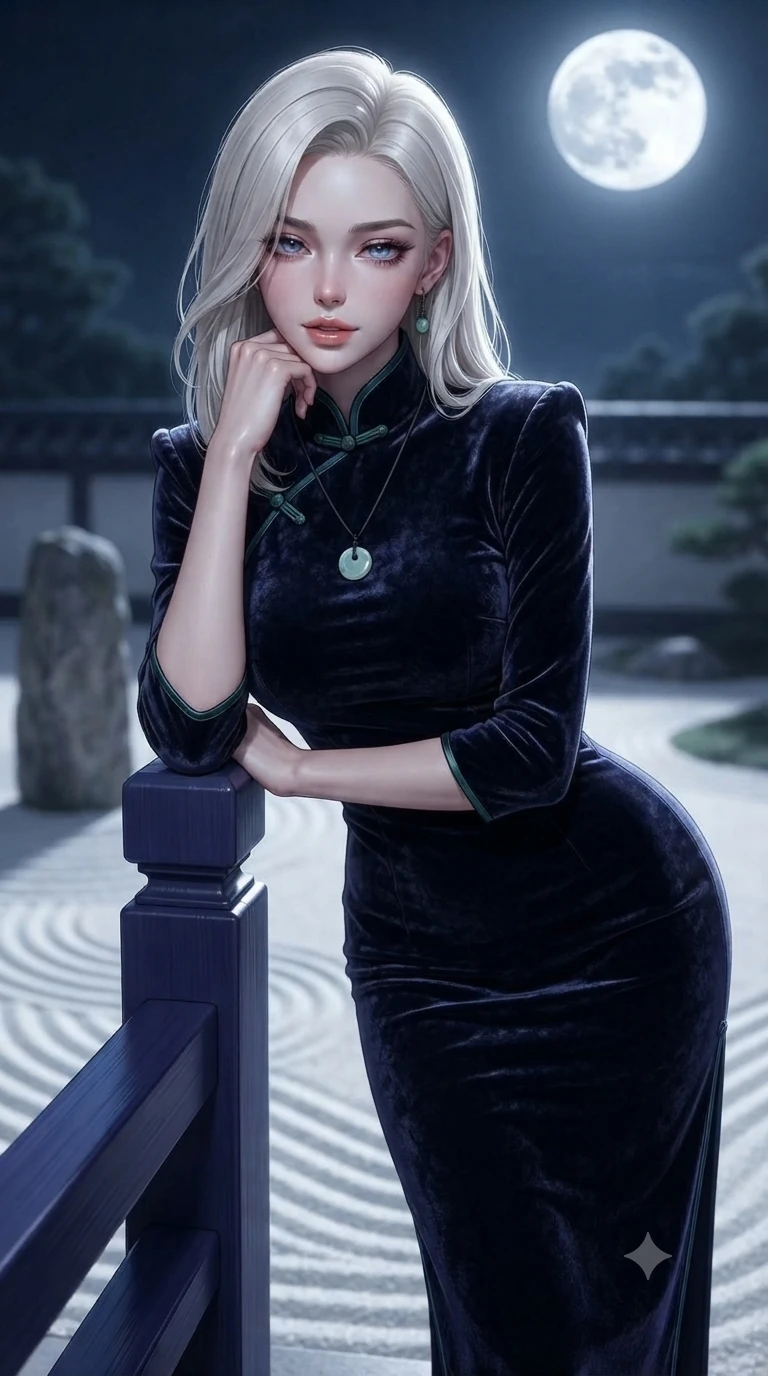score_9, masterpiece, best quality, ultra-detailed, high-budget anime keyframe, editorial fashion photography, tasteful artistic composition, Caucasian woman. close-up cowboy shot from the waist and thighs up, the character dominates the composition, filling the frame with her large presence. resting one elbow on the lacquered balustrade and supporting her chin, leaning close to the camera with heavy-lidded sparkling eyes and parted lips while standing tall beside a solitary upright scholar stone in the raked sand garden, arching her lower back to emphasize her curvy hips. The background shows a soft-focus monastic zen dry garden at midnight softened in contemplative shallow focus. She has an exceptionally elegant, slender, and willowy female figure with an ultra-slim waist, flat toned midriff, narrow ribcage, and sculpted feminine hips creating an alluring, slim hourglass silhouette without bulk. sharp v-shaped jawline, high-bridge nose, sparkling eyes with hypnotic seductive depth, thick curled eyelashes, glossy parted lips with a natural dewy peach sheen, alluring bedroom-eyes with an enchanting coquettish smile, exuding magnetic siren charisma and sophisticated glamour, flawlessly proportioned anatomical accuracy, strict slender model proportions, natural body alignment, perfectly sculpted long slender limbs, ultra-slim waistline, clean dynamic posture without body distortion. wearing a refined high-collar fusion qipao evening column gown with structured shoulders and modest jade toggle clasps in midnight indigo and glowing lantern topaz, tailored from crushed dark velvet with deep light-absorbing plush texture, finished with a minimalist celadon porcelain pendant on a fine silk cord, the bespoke structured tailoring following the natural line of her 8.5-heads silhouette with refined elegance. bathed in the blinding, crisp 5500K silver light of the full moon reflecting off white sand. ultra-reflective glossy finish, specular highlights, rich textural contrasts, high-contrast stereoscopic depth, volumetric dynamic lighting, 2k, ultra detail, master piece, 9:16 ratio