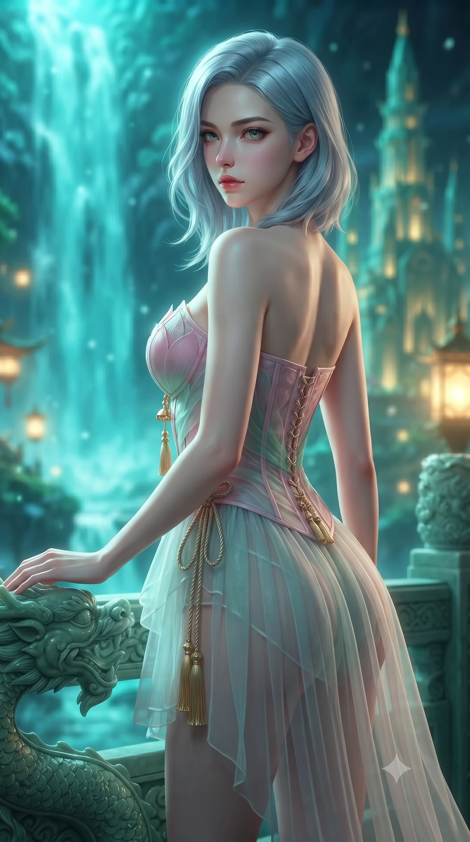 score_9, masterpiece, best quality, ultra-detailed, high-budget anime keyframe, editorial fashion photography, tasteful artistic composition, Korean woman. close-up cowboy shot from the waist and thighs up, the character dominates the composition, filling the frame with her large presence. turning over her shoulder with an indomitable, smoldering gaze, her soft hair framing her razor-sharp v-shaped jawline while resting one hand on an ornate carved jade dragon railing, looking into the lens with a piercing, majestic gaze. The composition keeps background elements in soft focus with creamy bokeh. bioluminescent turquoise waterfalls and towering jade palace spires blurred into glowing emerald, teal, and gold bokeh. She has an exceptionally elegant, slender, and willowy female figure with an ultra-slim waist, a gracefully sculpted slender torso, toned flat midriff, and a refined slim silhouette. sharp v-shaped jawline, high-bridge nose, intricate jewel-like eyes with depth, thick eyelashes, glossy lips with a natural sheen, captivating and magnetic expression, flawlessly proportioned anatomical accuracy, strict slender model proportions, natural body alignment, perfectly sculpted long slender limbs, ultra-slim waistline, clean dynamic posture without body distortion. wearing a sacred shrine maiden couture robe with sheer pleated chiffon skirt and structured scarlet corset top in lotus petal pink and jade mist, tailored from crisp ceremonial cotton and multi-layered translucent chiffon, accessorized with delicate gold bell tassels and braided silk cords, the glove-like aerodynamic second-skin fit tightly clinging to her ultra-slender waist and athletic curves without adding bulk, accentuating her razor-sharp statuesque lines and slim hourglass silhouette. bathed in luminous cyan dragon spring uplights and warm imperial gold lantern downlights. ultra-reflective glossy finish, specular highlights, rich textural contrasts, high-contrast stereoscopic depth, volumetric dynamic lighting, 2k, ultra detail, master piece, 9:16 ratio