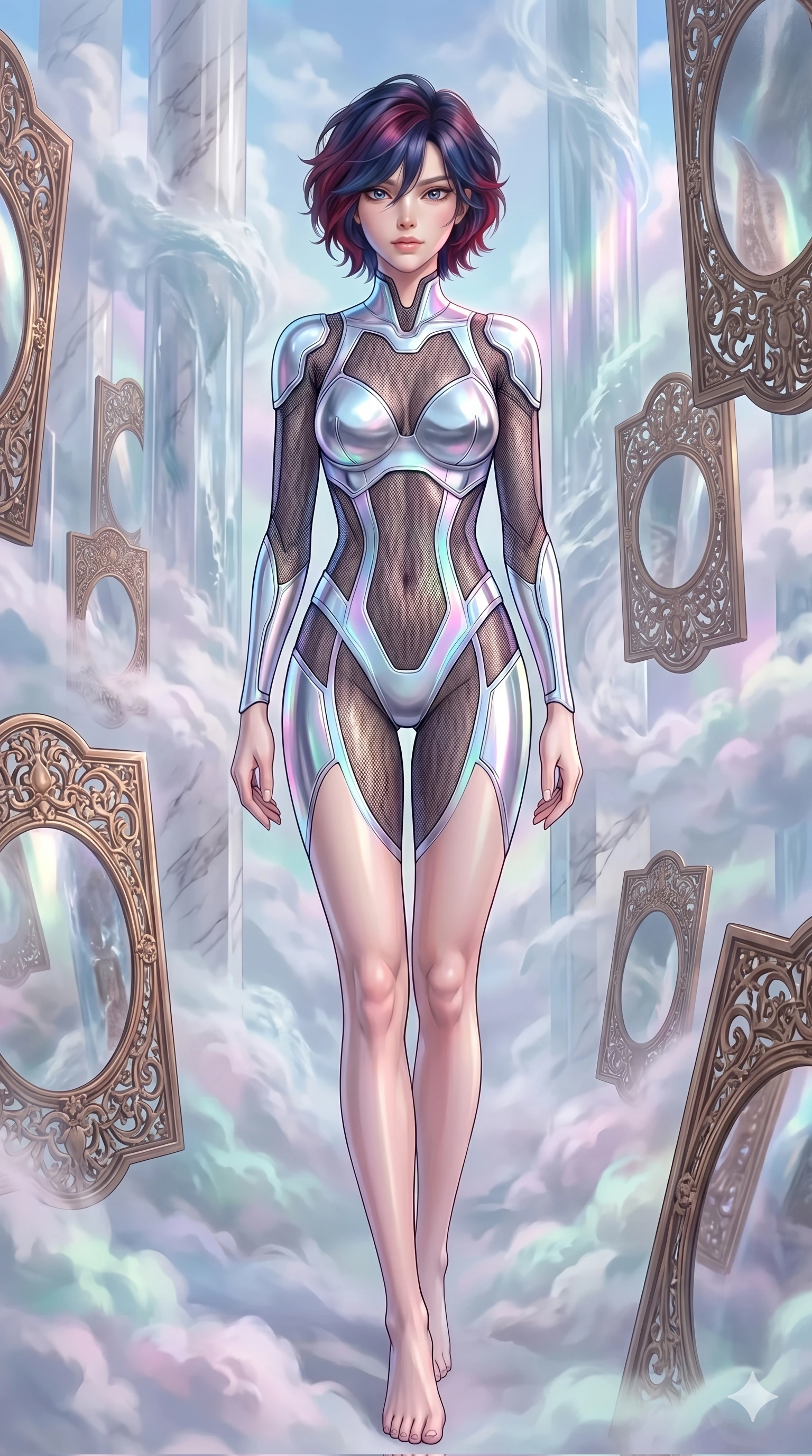 score_9, masterpiece, best quality, ultra-detailed, high-budget anime keyframe, Caucasian woman, strictly human ears. upper body close-up from the thighs up, character filling the screen for maximum presence. wandering through a mirage cloud cathedral of translucent marble and water mist, surrounded by floating ancient bronze mirror walls. She has an absolutely perfect 8-heads proportion, an exceptionally tall and slender female figure with impossibly long slender legs and an ultra-slim waist. V-shaped jawline, high-bridge nose, intricate jewel-like eyes with depth, thick eyelashes, glossy lips with a natural sheen.. wearing a bionic chrome plate bodysuit, featuring silver chrome plates covering the bust and hips, connected by sheer black mesh panels. enhanced by a luminous pastel spectrum glow, casting elegant rim lights on her shoulders and jawline. 2k, ultra detail, master piece, 9:16 ratio