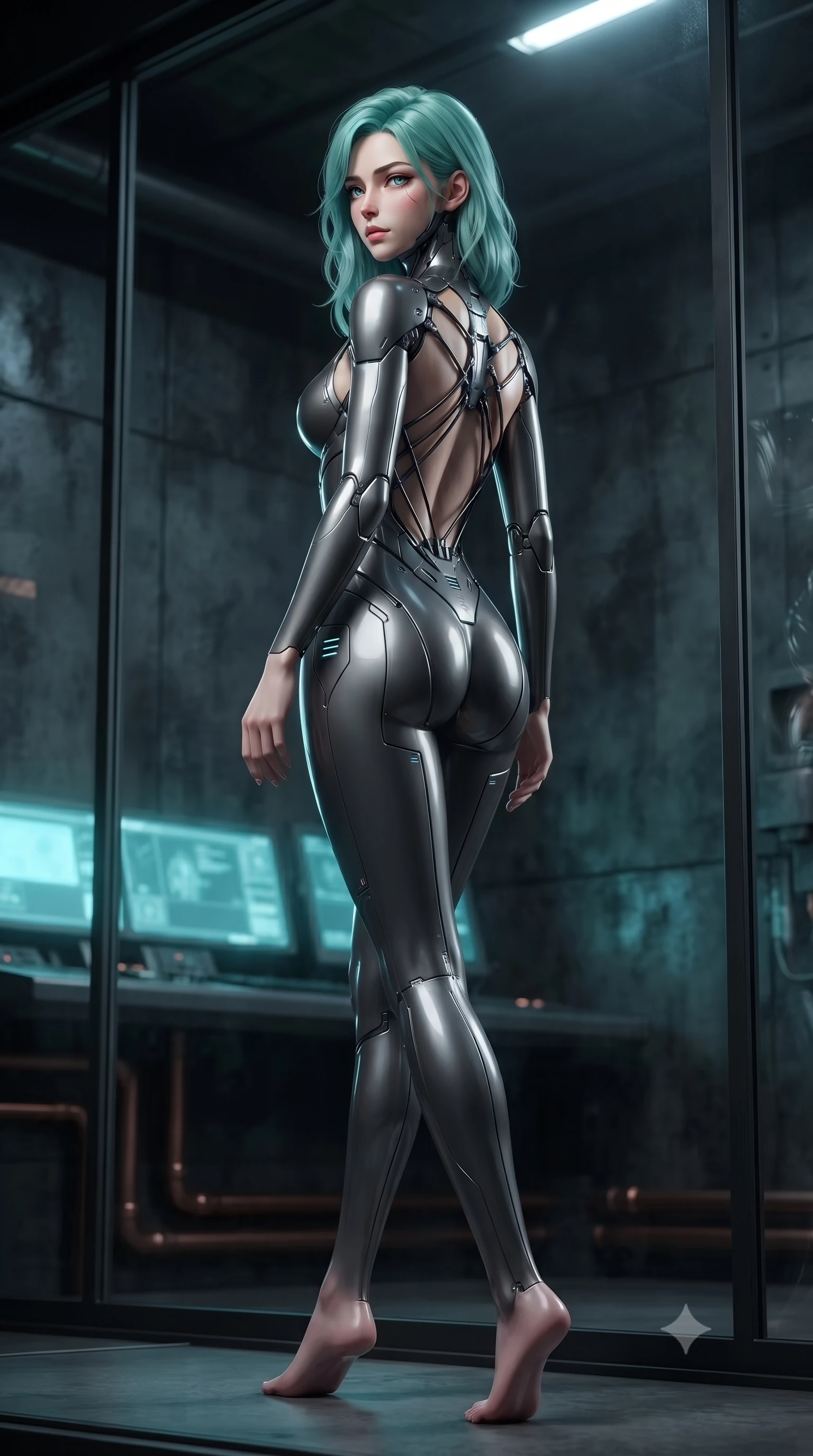 score_9, masterpiece, best quality, ultra-detailed, high-budget anime keyframe, editorial fashion photography, tasteful artistic composition, Japanese woman. low angle full-body shot from head to toe showing her feet, filling the entire 9:16 vertical frame with her statuesque presence, stretching her vertical silhouette. walking slowly along a glass skybridge, looking back over her shoulder with an air of effortless grace, the background shows a soft-focus a control desk balcony inside a military bunker with exposed copper pipes. She has an absolutely perfect, statuesque 8.5-heads proportion, an exceptionally tall and slender model-like female figure with impossibly long slender legs and an ultra-slim waist. sharp v-shaped jawline, high-bridge nose, intricate jewel-like eyes with depth, thick eyelashes, glossy lips with a natural sheen. wearing a slim-fit low-cut cybernetic bodysuit with open-back design and thin structural straps crossing her bare shoulder blades. soft cyan screen glare contrasting with the dark industrial walls. ultra-reflective glossy finish, specular highlights, metallic sheen, high-contrast stereoscopic depth, volumetric dynamic lighting, 2k, ultra detail, master piece, 9:16 ratio