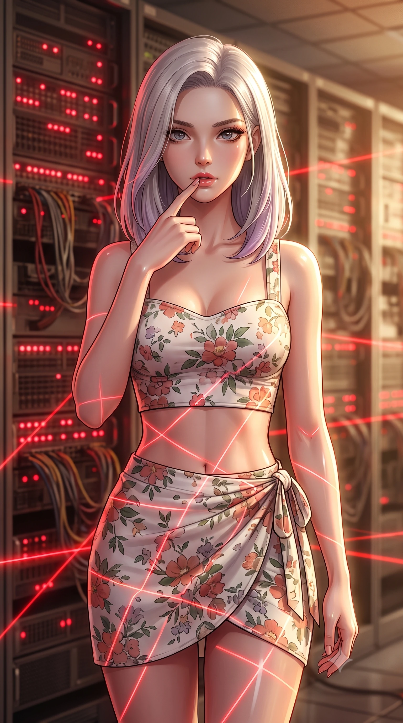 score_9, masterpiece, best quality, ultra-detailed, high-budget anime keyframe, editorial fashion photography, tasteful artistic composition, Caucasian woman. close-up cowboy shot from the waist and thighs up, the character dominates the composition, filling the frame with her large presence, background elements kept in soft focus. pressing one finger to her bottom lip in a thoughtful, seductive gesture under the warm sun the background shows a soft-focus an abandoned server room with blinking crimson indicator lights and hanging cable bundles. She has an exceptionally elegant, slender, and willowy female figure with an ultra-slim waist, a gracefully sculpted slender torso, and a refined silhouette. sharp v-shaped jawline, high-bridge nose, intricate jewel-like eyes with depth, thick eyelashes, glossy lips with a natural sheen. wearing a form-contouring summer vacation crop top and wrap skirt set in floral print cotton, showing her slim waist. low-key red laser lines casting dynamic geometric patterns on her figure. ultra-reflective glossy finish, specular highlights, metallic sheen, high-contrast stereoscopic depth, volumetric dynamic lighting, 2k, ultra detail, master piece, 9:16 ratio
