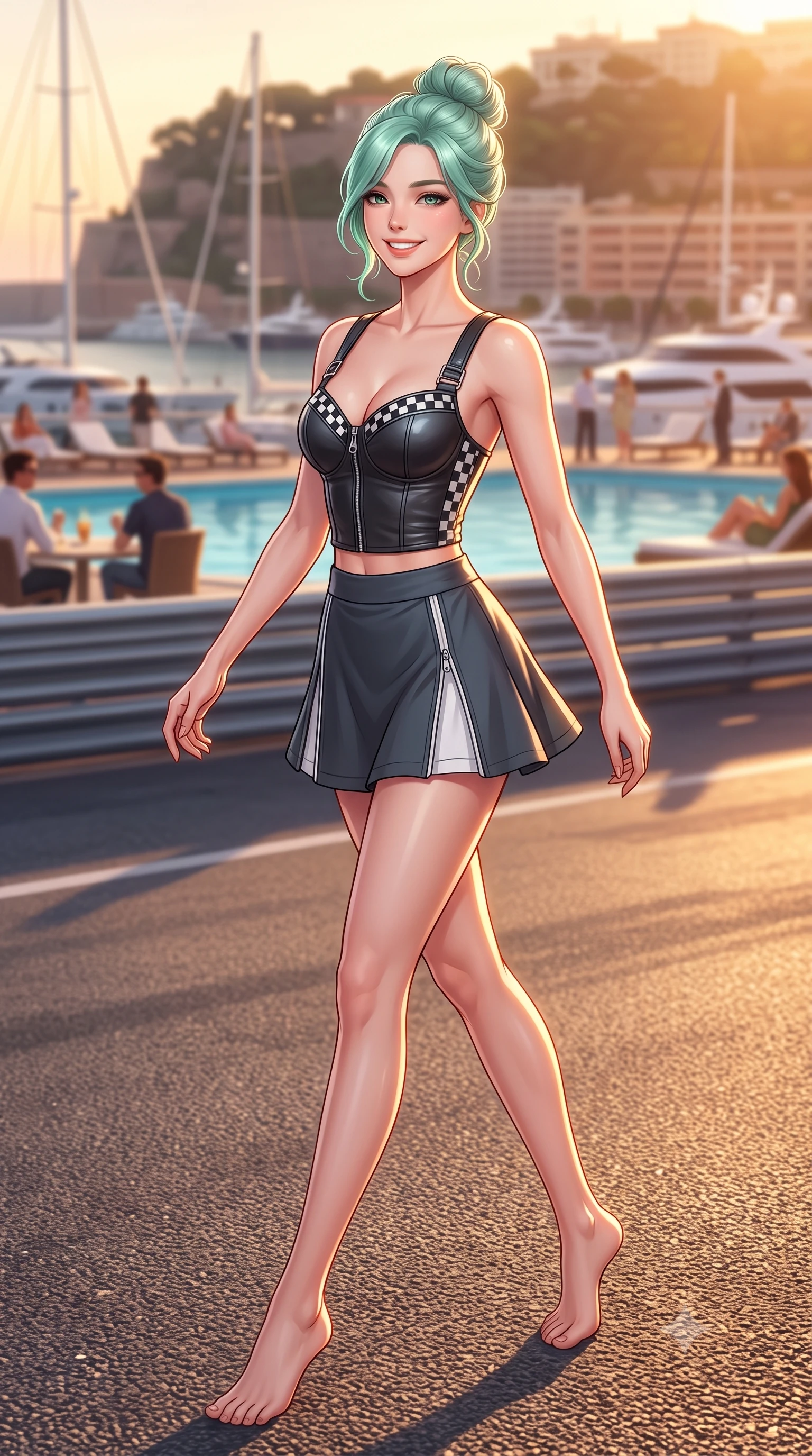 score_9, masterpiece, best quality, ultra-detailed, high-budget anime keyframe, semi-realistic 3D game render, editorial fashion photography, tasteful artistic composition, Japanese woman. low angle full-body shot from head to toe showing her feet, filling the entire 9:16 vertical frame with her statuesque presence, stretching her vertical silhouette. stepping forward gracefully across the paddock tarmac in mid-motion with a radiant beaming smile, hips swaying in an alluring kinetic rhythm that accentuates her curvy hourglass silhouette and long slender legs while standing poised on the rooftop pool terrace directly overlooking the famous tight hairpin curve, arching her back with breathtaking glamour. The background shows a soft-focus chic rooftop pool patrons and luxury yacht masts softened in legendary Monaco Grand Prix shallow focus. She has an absolutely perfect, statuesque 8.5-heads proportion, an exceptionally tall and slender model-like female figure with impossibly long slender legs, an ultra-slim waist, a flat toned midriff, narrow delicate ribcage, and beautifully sculpted feminine hips creating a graceful, slim hourglass silhouette without any bulky heaviness. sharp v-shaped jawline, high-bridge nose, sparkling eyes with athletic focus and depth, thick curled eyelashes, glossy parted lips with a natural coral-peach sheen, bright confident and coquettish smile with alluring bedroom-eyes, exuding both youthful sporty vigor and sovereign high-society glamour, flawlessly proportioned anatomical accuracy, strict slender model proportions, natural body alignment, perfectly sculpted long slender limbs, ultra-slim waistline, clean dynamic posture without body distortion. wearing a chic leather bustier top with checkered flag trim paired with an ultra-short A-line tennis skirt in speedway charcoal slate and optic white accents, tailored from ultra-soft fine cashmere yarn with an airy athletic drape, finished with polished chrome zipper pulls and racing harness buckle hardware, the precision-cut side openings and low-back scoop framing her graceful spine and the sensual sweep of her slim, athletic hips. bathed in molten golden hour sunset light reflecting off the Mediterranean Sea and hotel glass. highly saturated vibrant anime colors, detailed shading with soft gradients, rich glossy textures, high-contrast stereoscopic depth, volumetric dynamic lighting, master piece, 9:16 ratio