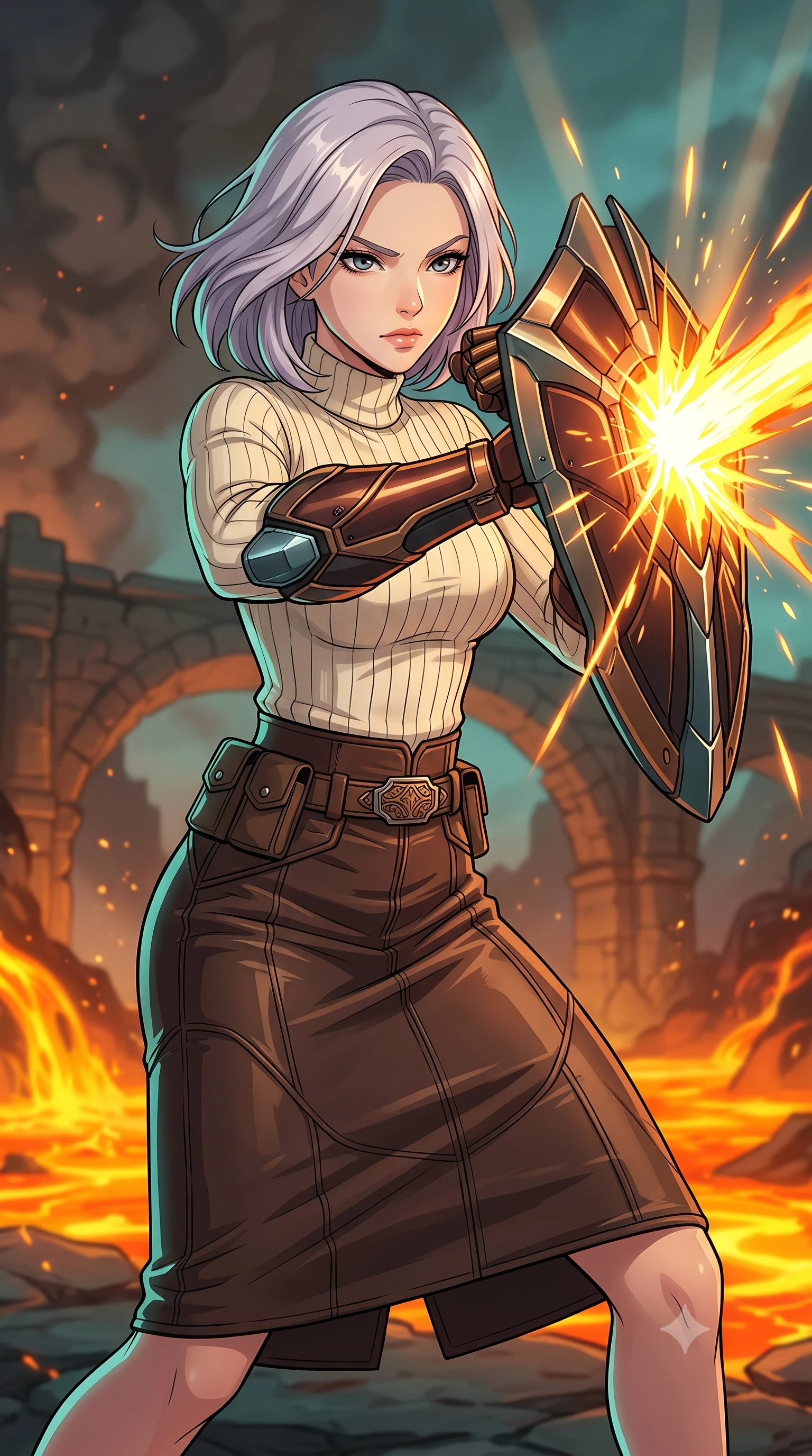 score_9, masterpiece, best quality, ultra-detailed, high-budget anime keyframe, clean line-art, cel-shading, Caucasian woman, strictly human ears. close-up cowboy shot from the waist and thighs up, the character dominates the composition, filling the frame with her large presence, background elements kept in soft focus. Deflecting an incoming plasma strike with her armored gauntlet in a powerful defensive stance. set against a soft-focus background of a crumbling stone bridge over a roaring river of molten orange lava, volcanic ash swirling in the heated updrafts. She has an exceptionally elegant and slender, willowy female figure with an ultra-slim waist, a gracefully sculpted slender torso, and a refined slim physique. sharp v-shaped jawline, high-bridge nose, intricate jewel-like eyes with depth, thick eyelashes, glossy lips with a natural sheen. wearing tailored for maximum mobility, sleek form-contouring panels that allow fluid movement, a tailored cream ribbed turtleneck sweater paired with a high-waisted espresso brown leather midi skirt. warm amber rim lighting combined with cool teal fill light creating dramatic contrast. highly saturated vibrant anime colors, intense vivid color palette, volumetric dynamic lighting, 2k, ultra detail, master piece, 9:16 ratio