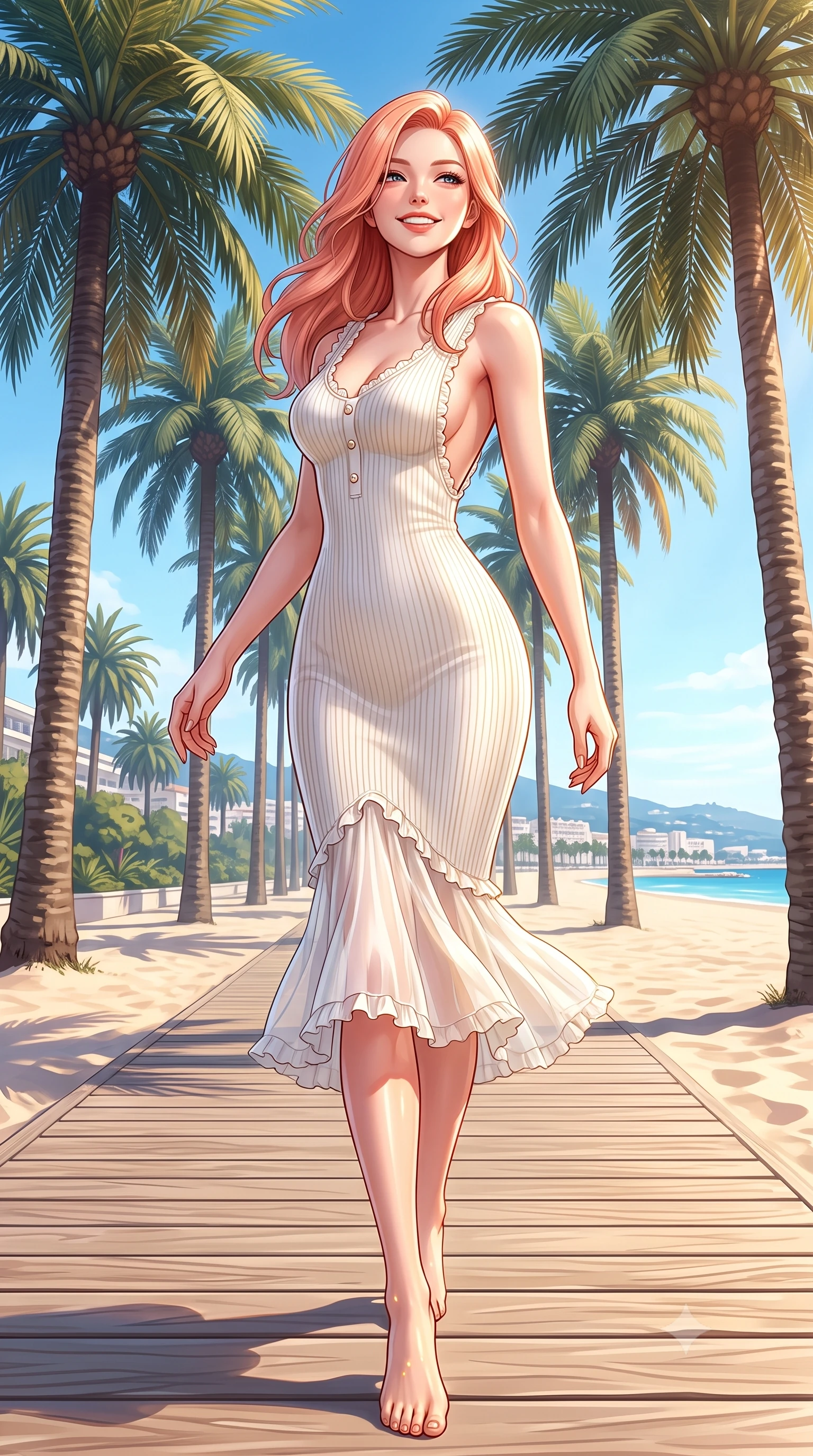 score_9, masterpiece, best quality, ultra-detailed, high-budget anime keyframe, semi-realistic 3D game render, editorial fashion photography, tasteful artistic composition, Japanese woman. low angle full-body shot from head to toe showing her feet, filling the entire 9:16 vertical frame with her statuesque presence, stretching her vertical silhouette. stepping forward gracefully in mid-motion with a radiant beaming smile, hips swaying in an alluring kinetic rhythm that accentuates her curvy hourglass silhouette and long slender legs while striding gracefully down the sun-bleached wooden beach boardwalk, arching her back with a radiant supermodel smile under towering palms. The surrounding environment is rendered in vivid detail and crisp panoramic clarity. detailed swimwear fabric sheen, golden sun glints on skin, and Cannes coastline clarity in high resolution. She has an exceptionally tall and slender model-like 8.5-heads proportion, an ultra-slim waist, a flat toned midriff, narrow delicate ribcage, and beautifully sculpted feminine hips creating a graceful, slim hourglass silhouette without any bulky heaviness, with impossibly long slender legs. sharp v-shaped jawline, high-bridge nose, intricate jewel-like sparkling eyes with depth, thick eyelashes, glossy parted lips with a natural peach sheen, bright cheerful beaming smile with an enchanting and coquettish sensual glint, exuding both youthful cute charm and seductive allure, flawlessly proportioned anatomical accuracy, strict slender model proportions, natural body alignment, perfectly sculpted long slender limbs, ultra-slim waistline, clean dynamic posture without body distortion. wearing a form-contouring ribbed knit bodycon midi dress with an open back scoop descending to the base of her spine in pure alabaster white and sun-kissed gold, woven from layered gossamer organza with weightless flutter, finished with subtle ruffle trims and delicate pearl buttons, the form-contouring cut accentuating her sculpted flat midriff, narrow delicate ribcage, and gracefully curvy hips with supermodel precision. illuminated by intense specular sea reflections sharply carving her razor-sharp jawline, narrow waist, and curvy hips. highly saturated vibrant anime colors, detailed shading with soft gradients, rich glossy textures, high-contrast stereoscopic depth, volumetric dynamic lighting, master piece, 9:16 ratio