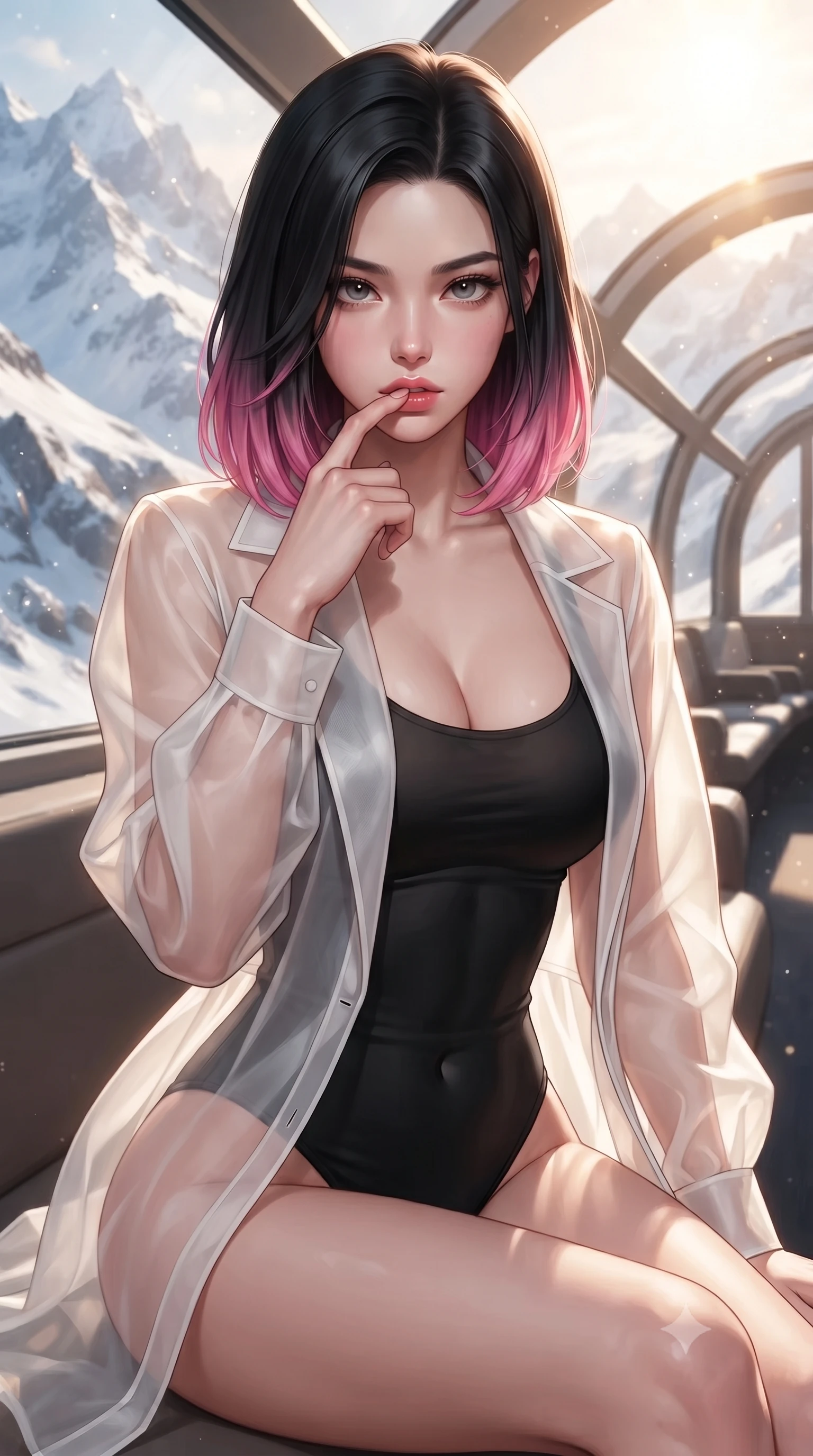 score_9, masterpiece, best quality, ultra-detailed, high-budget anime keyframe, editorial fashion photography, tasteful artistic composition, Korean woman. close-up cowboy shot from the waist and thighs up, the character dominates the composition, filling the frame with her large presence, background elements kept in soft focus. pressing one finger to her bottom lip in a thoughtful, seductive gesture under the warm sun the background shows a soft-focus the curved glass lounge of a luxury train winding through snowy mountain peaks. She has an exceptionally elegant, slender, and willowy female figure with an ultra-slim waist, a gracefully sculpted slender torso, and a refined silhouette. sharp v-shaped jawline, high-bridge nose, intricate jewel-like eyes with depth, thick eyelashes, glossy lips with a natural sheen. wearing a tailored sheer white organza resort cover-up worn over a form-fitting one-piece swimsuit, showing her elegant clavicle lines. bright morning alpine sunbeams filtering through the panorama window glass. ultra-reflective glossy finish, specular highlights, metallic sheen, high-contrast stereoscopic depth, volumetric dynamic lighting, 2k, ultra detail, master piece, 9:16 ratio