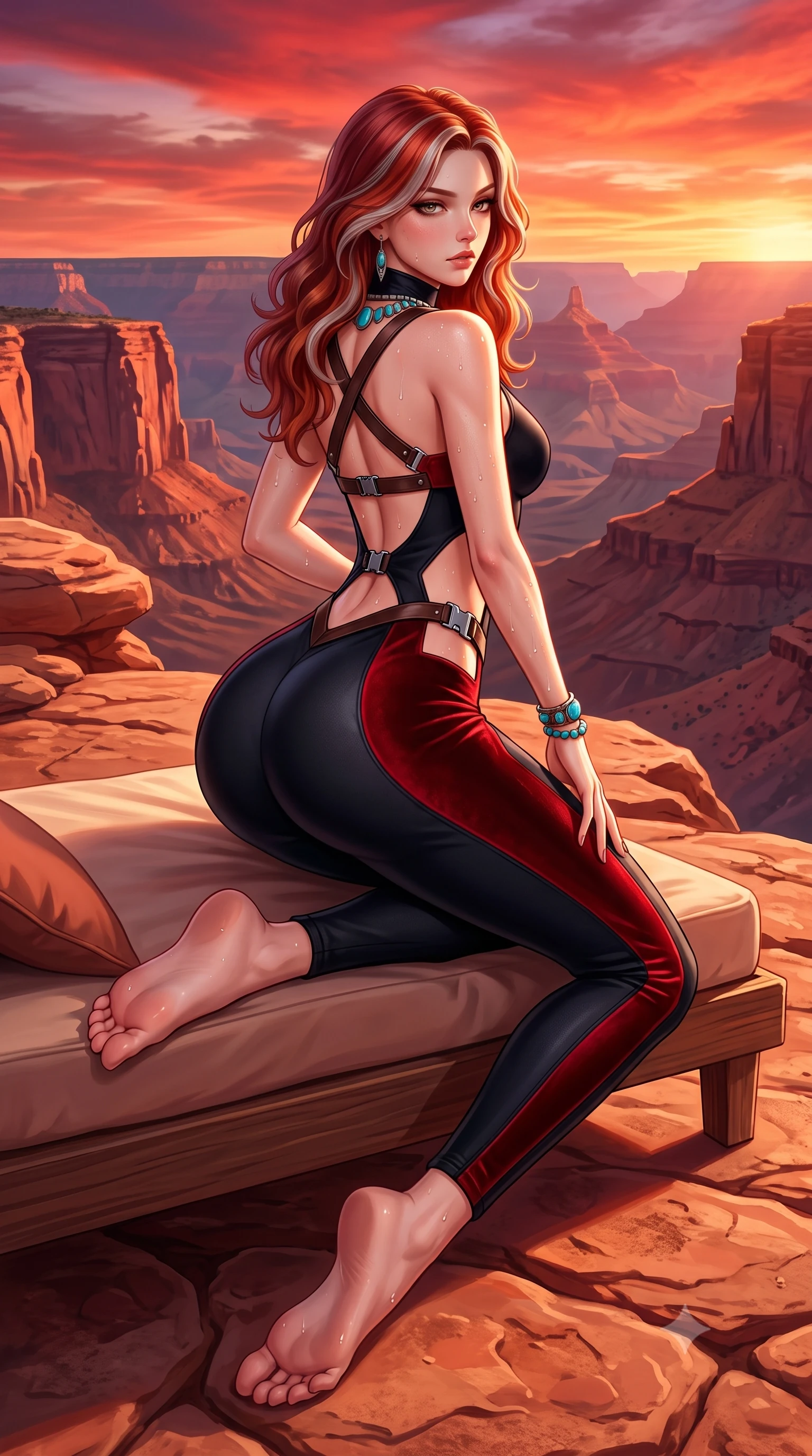 score_9, masterpiece, best quality, ultra-detailed, high-budget anime keyframe, semi-realistic 3D game render, editorial fashion photography, tasteful artistic composition, Caucasian woman. low angle full-body shot from head to toe showing her feet, filling the entire 9:16 vertical frame with her statuesque presence, stretching her vertical silhouette. posing with back turned slightly to the lens, glancing back with smoldering allure as she arches her lower back to emphasize her sculpted feminine hips and slender waist while reclining on a sun-warmed red rock terrace daybed propped on one elbow, arching her lower back to accentuate her curvy hips against the canyon panorama. The surrounding environment is rendered in vivid detail and crisp panoramic clarity. detailed turquoise stone jewelry, wet skin water droplet beads, and distant canyon cliff clarity in high resolution. She has an exceptionally tall and slender model-like 8.5-heads proportion, an ultra-slim waist, a flat toned midriff, narrow delicate ribcage, and beautifully sculpted feminine hips creating a graceful, slim hourglass silhouette without any bulky heaviness, with impossibly long slender legs. sharp v-shaped jawline, high-bridge nose, intricate jewel-like eyes with depth, thick eyelashes, glossy parted lips with a natural sheen, intensely captivating and seductive bedroom-eyes expression, flawlessly proportioned anatomical accuracy, strict slender model proportions, natural body alignment, perfectly sculpted long slender limbs, ultra-slim waistline, clean dynamic posture without body distortion. wearing a high-collar speedsuit featuring bold side-torso cutouts and quick-release titanium buckles in phantom obsidian black and blood-red velvet, tailored from water-resistant treated wool gabardine and flexible stretch silk, featuring an open-back criss-cross harness strap in dark leather, the glove-like aerodynamic silhouette tightly following the natural contour of her hips and long slender legs with statuesque 8.5-heads elegance. bathed in blazing crimson and copper sunset backlighting and warm sandstone bounce fill. highly saturated vibrant anime colors, detailed shading with soft gradients, rich glossy textures, high-contrast stereoscopic depth, volumetric dynamic lighting, master piece, 9:16 ratio