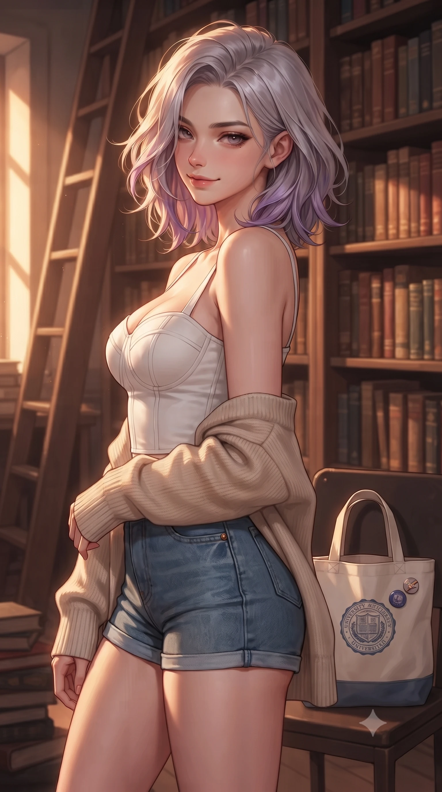 score_9, masterpiece, best quality, ultra-detailed, high-budget anime keyframe, editorial fashion photography, tasteful artistic composition, Caucasian woman. close-up cowboy shot from the waist and thighs up, the character dominates the composition, filling the frame with her large presence, background elements kept in soft focus. glancing sidelong over her shoulder with an alluring, lingering gaze and a subtle grin set against a soft-focus background of in a university archives room with tall ladders and rows of vintage manuscripts with a cute canvas book tote bag sitting on the chair next to her. She has an exceptionally elegant, slender, and willowy female figure with an ultra-slim waist, a gracefully sculpted slender torso, and a refined silhouette. sharp v-shaped jawline, high-bridge nose, intricate jewel-like eyes with depth, thick eyelashes, glossy lips with a natural sheen. wearing body-hugging tailored cotton bustier top paired with high-waist denim shorts and a light cardigan. cozy golden hour sunset light illuminating the dusty bookshelves with a warm glow. highly saturated vibrant anime colors, detailed shading with soft gradients, rich glossy textures, high-contrast stereoscopic depth, volumetric dynamic lighting, master piece, 9:16 ratio