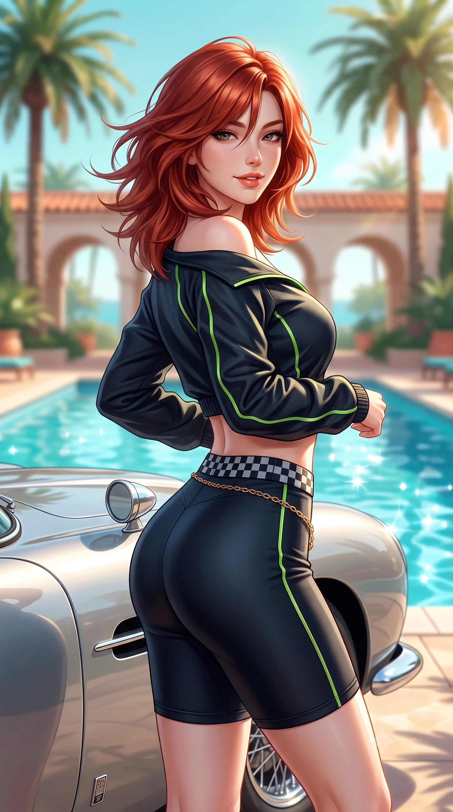 score_9, masterpiece, best quality, ultra-detailed, high-budget anime keyframe, semi-realistic 3D game render, editorial fashion photography, tasteful artistic composition, Korean woman. close-up cowboy shot from the waist and thighs up, the character dominates the composition, filling the frame with her large presence. turning slowly with a smoldering smile, her glossy hair tossing in the breeze as her hips angle gracefully in a captivating contrapposto while standing beside the iconic silver fender of a vintage Aston Martin DB5 parked by the pool, arching her back with classic Hollywood glamour. The background shows a soft-focus towering Beverly Hills royal palms, crystal turquoise pool water, and Spanish revival club arches blurred into pastel turquoise, honey, and coral bokeh. She has an exceptionally elegant, slender, and willowy female figure with an ultra-slim waist, flat toned midriff, narrow ribcage, and sculpted feminine hips creating an alluring, slim hourglass silhouette without bulk. sharp v-shaped jawline, high-bridge nose, sparkling eyes with athletic focus and depth, thick curled eyelashes, glossy parted lips with a natural coral-peach sheen, bright confident and coquettish smile with alluring bedroom-eyes, exuding both youthful sporty vigor and sovereign high-society glamour, flawlessly proportioned anatomical accuracy, strict slender model proportions, natural body alignment, perfectly sculpted long slender limbs, ultra-slim waistline, clean dynamic posture without body distortion. wearing an asymmetric off-shoulder cropped windbreaker jacket paired with tight high-waisted biker shorts and a checkered waist sash in deep midnight carbon and luminous lime green piping, tailored from ultra-soft fine cashmere yarn with an airy athletic drape, accented with a delicate gold chain belt resting loosely on her curvy hips, the liquid-tight tailored fabric clinging flawlessly to her narrow waist and rounded feminine hips, emphasizing every millimeter of her sculpted slim hourglass curves without any bulky heaviness. bathed in bright California afternoon sunbeams reflecting off sparkling pool water. highly saturated vibrant anime colors, detailed shading with soft gradients, rich glossy textures, high-contrast stereoscopic depth, volumetric dynamic lighting, master piece, 9:16 ratio