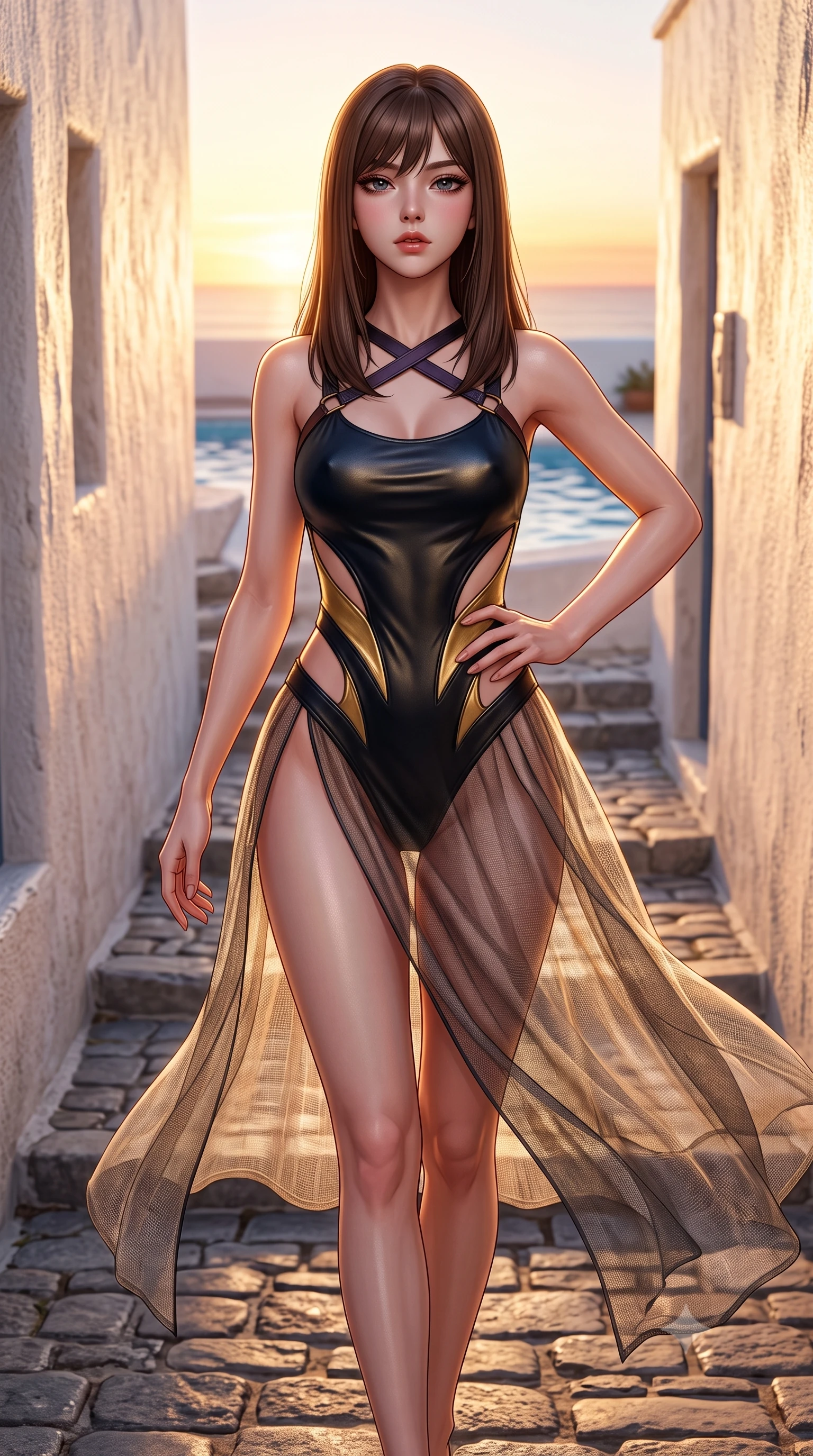 score_9, masterpiece, best quality, ultra-detailed, high-budget anime keyframe, semi-realistic 3D game render, editorial fashion photography, tasteful artistic composition, Korean woman. close-up cowboy shot from the waist and thighs up, the character dominates the composition, filling the frame with her large presence. tilting her chin up with proud, sovereign allure while gazing through thick eyelashes, one hand resting on her waist in pure supermodel charisma while walking down the narrow cobblestone village steps with supermodel poise, her sheer linen dress fluttering to reveal her long slender legs. The surrounding environment is rendered in vivid detail and crisp panoramic clarity. detailed linen dress weave, pool water ripple clarity, and sunset horizon gradients in high resolution. She has an exceptionally elegant, slender, and willowy female figure with an ultra-slim waist, flat toned midriff, narrow ribcage, and sculpted feminine hips creating an alluring, slim hourglass silhouette without bulk. sharp v-shaped jawline, high-bridge nose, intricate jewel-like eyes with depth, thick eyelashes, glossy parted lips with a natural sheen, intensely captivating and seductive bedroom-eyes expression, flawlessly proportioned anatomical accuracy, strict slender model proportions, natural body alignment, perfectly sculpted long slender limbs, ultra-slim waistline, clean dynamic posture without body distortion. wearing a botanical cutout monokini with organic leaf-curve side openings and high-cut hip bands in midnight obsidian black and liquid gold, crafted from second-skin supple lambskin leather with liquid drape, featuring an open-back criss-cross harness strap in dark leather, the dramatically scooped open back descending to the base of her spine, accentuating her razor-sharp statuesque lines and slim hourglass silhouette. bathed in glorious golden hour sunset backlighting and warm white stucco wall bounce fill. highly saturated vibrant anime colors, detailed shading with soft gradients, rich glossy textures, high-contrast stereoscopic depth, volumetric dynamic lighting, master piece, 9:16 ratio