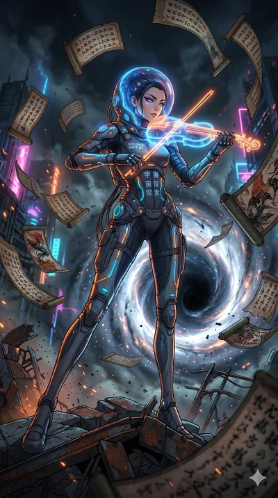 score_9, masterpiece, best quality, ultra-detailed, Set A: High-budget Anime Keyframe, Japanese woman. Low angle cowboy shot filling the entire 9:16 frame with her statuesque presence. Theme: Urban Decay. playing a holographic violin in the edge of a